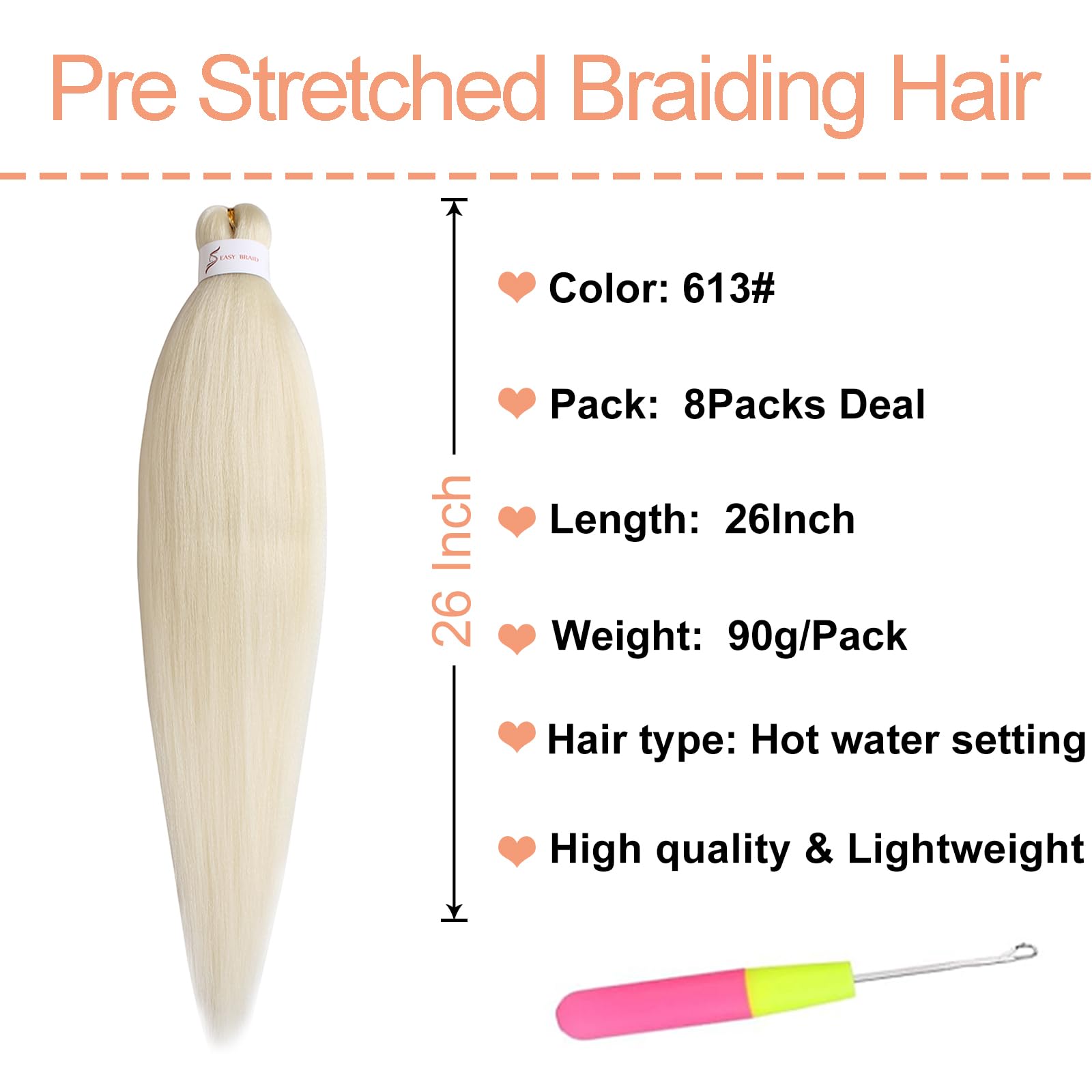 Mscat 26 Inch 8 Packs Pre Stretched Braiding Hair Blonde Pre Stretched Braiding Professional Synthetic Prestretched Crochet Braids Hair Extension Hot Water Setting Yaki Texture (613#) - Image 2