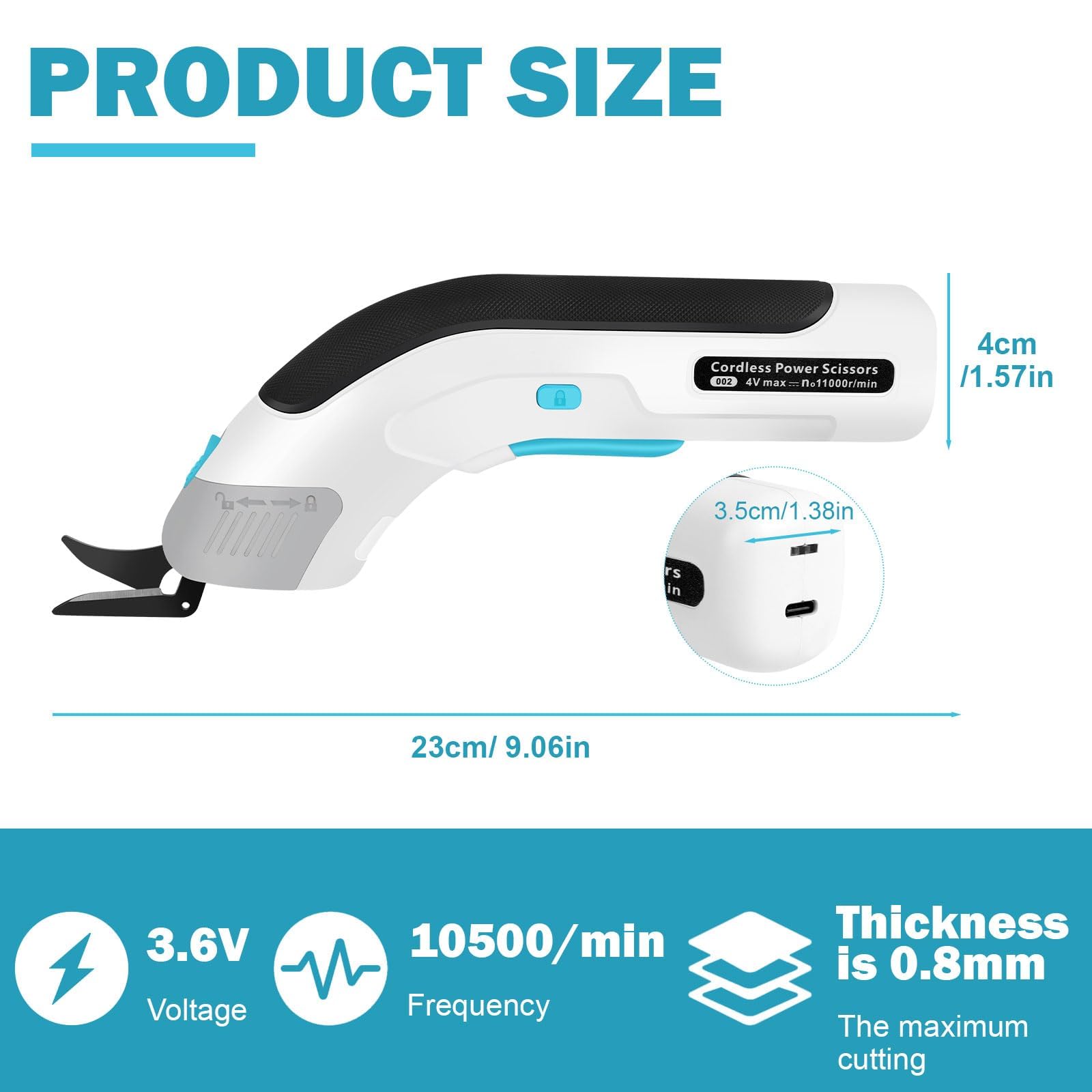 VOBOR Ciseaux Electrique Tissu Couture, Sans Fil USB Rechargeable, Têtes de Coupe en Acier Tungstène, 2000 Mah Lithium Batterie, Cutter pour Papier Carton Moquette Cuir Feutre