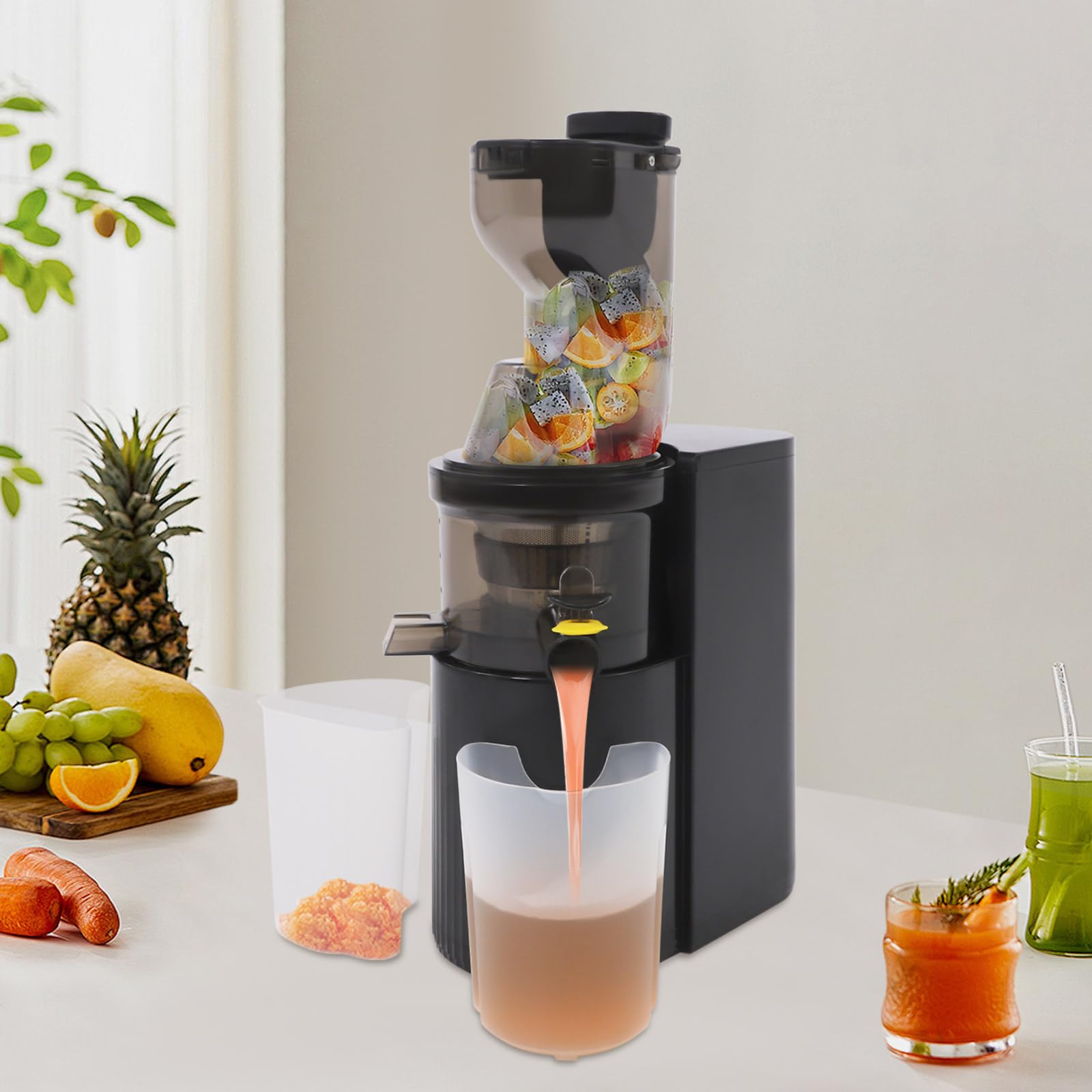 Spremiagrumi – Slow Juicer con vano di riempimento da 80 mm, contenitore da 500 ml, senza BPA, silenzioso con 2 bicchieri, spremiagrumi elettrico a freddo per famiglie, attenti alla salute, facile da
