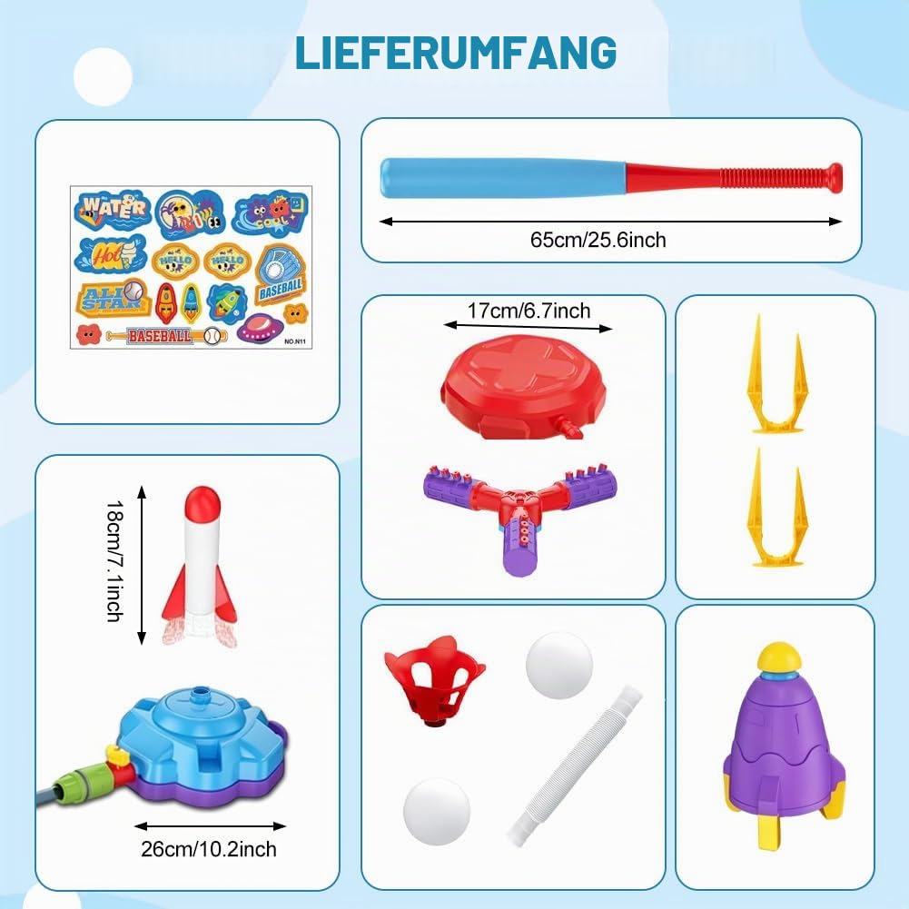 4 in 1 Wasserspielzeug Kinder Outdoor, Sommer Rakete Wassersprinkler Spielzeug mit Baseball, Raketenstart, Rocket Wassersprinkler & Rotierenden Sprühdüsen, Rasen Pool-Party Garten Spielzeug