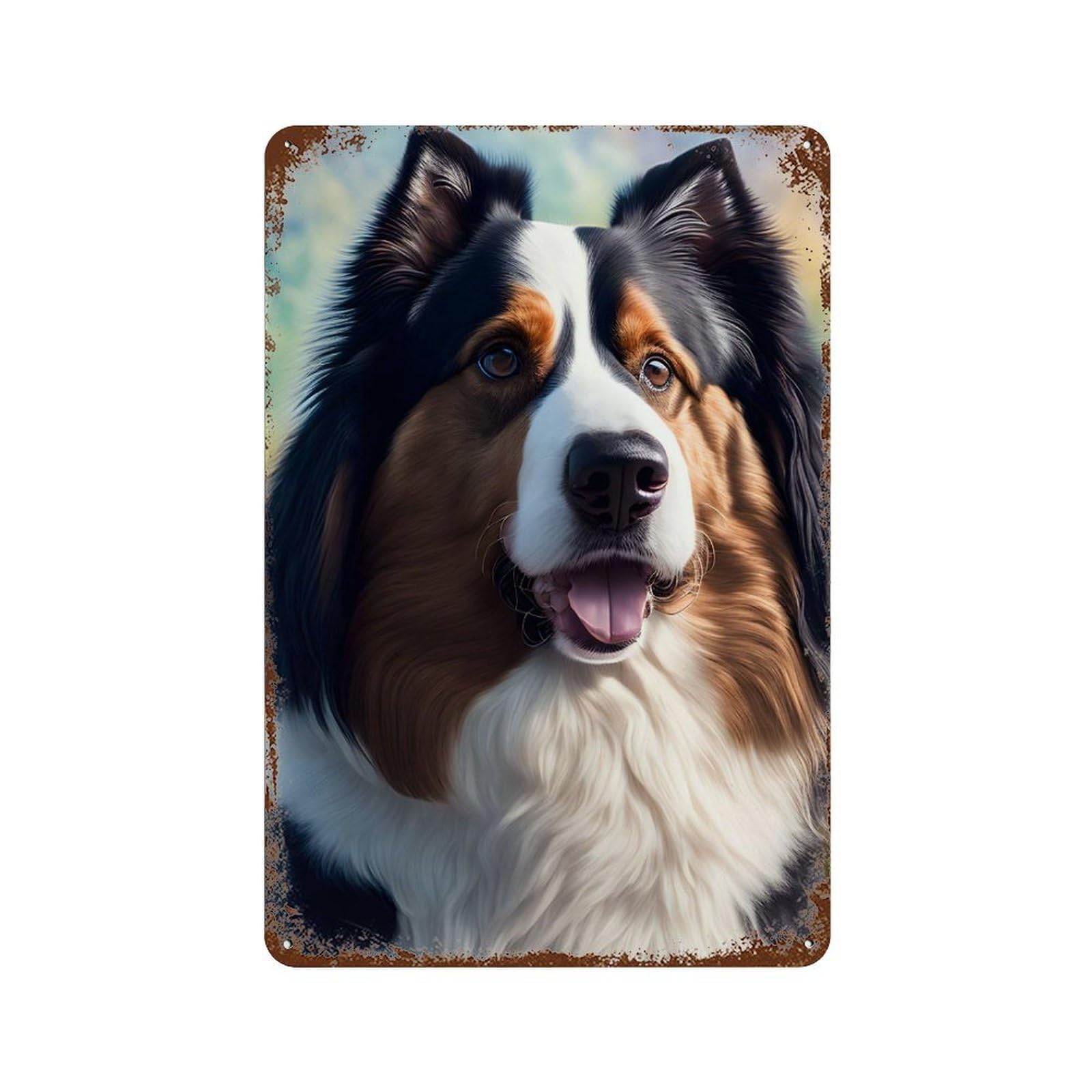 Tri-Color Australian Shepherd Portrait Rust Effect Tin Sign 11.8"x7.9", Industrial Home Decor for Garage, Pub Or Kitchen