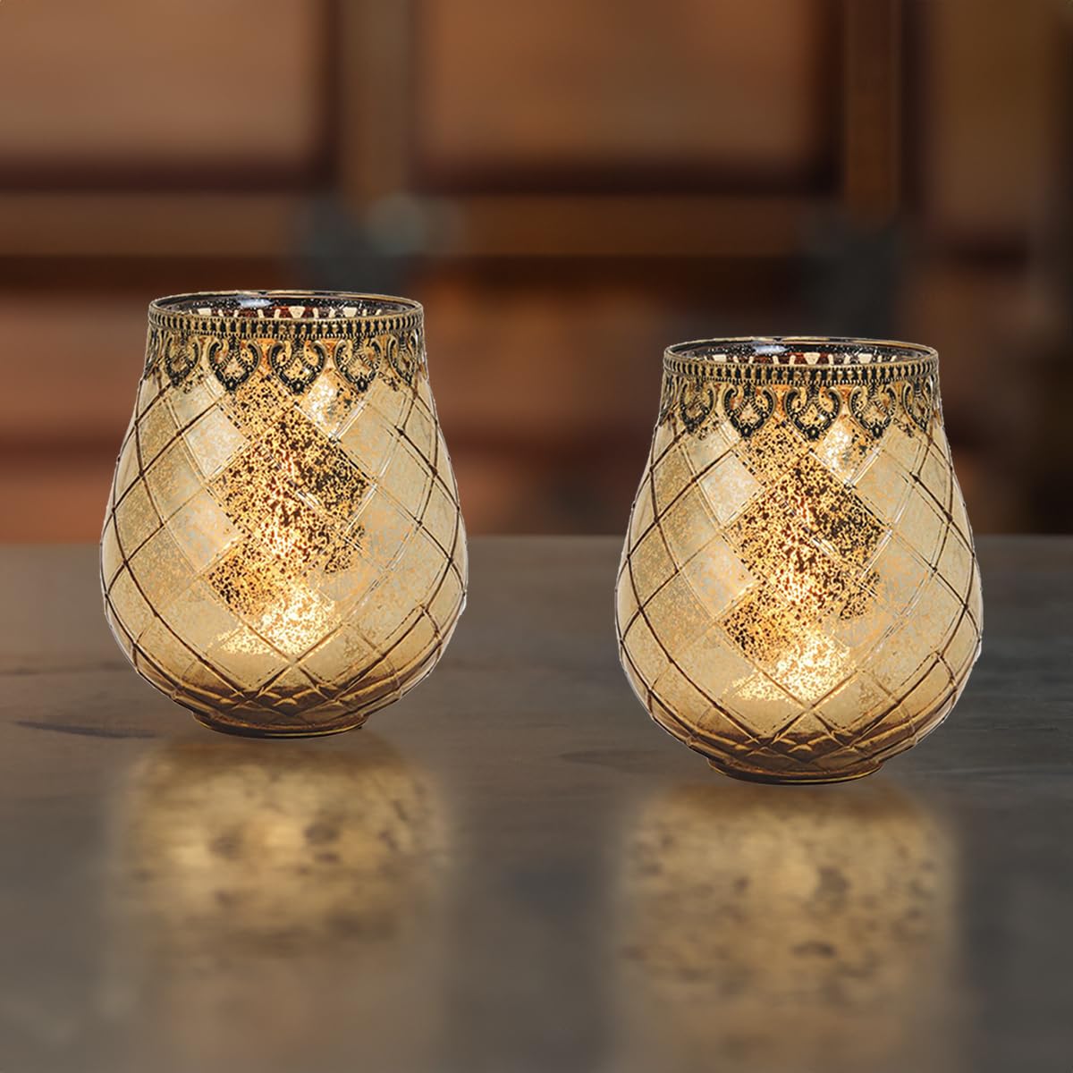Vintage Windlicht Kerzengläser gold 2er Set in 18 cm - Modernes Windlichtglas als Kerzenständer Laterne und Teelichthalter - Boho Kerzenhalter Teelichtglas als Tisch-Deko, Balkon, Hochzeit