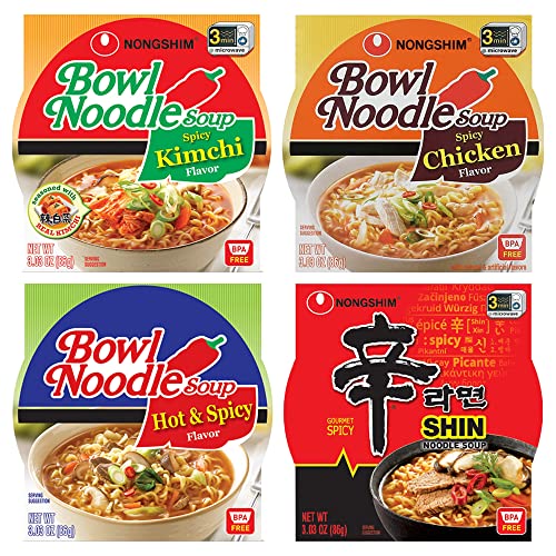 OHMARKET Korean Nongshim Bowl Noodle Soup Assorted Variety Pack - 4 Flavor : Shin Bowl, Spicy Kimchi, Spicy Chicken, Hot & Spicy, Korean Ramyun Noodles