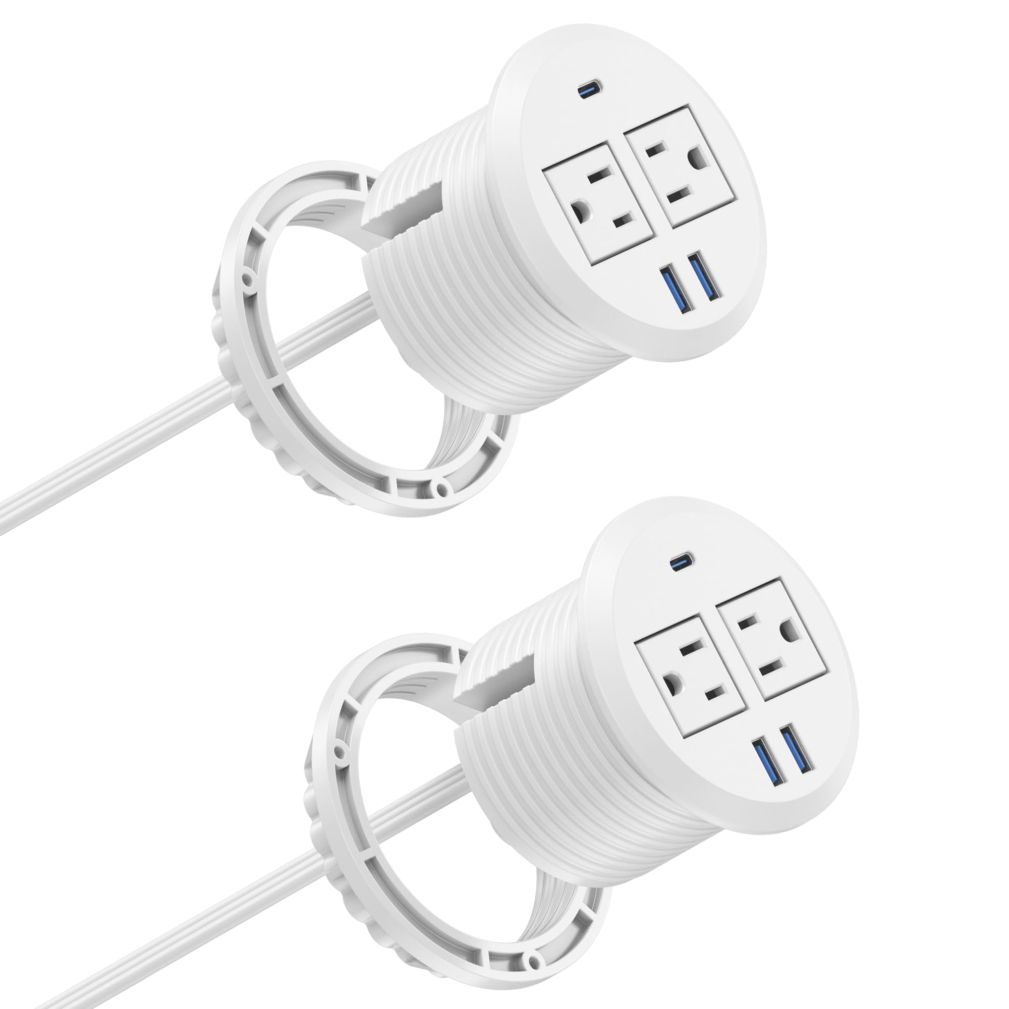 3 inch Desktop Power Grommet USB C,20W Fast Charging Station,Furniture Recessed Power Strip,2 Outlets,3 USB Ports,Flush-Mount for Desktop, Workspace Essential Desk Outlet,2 Pack (White)