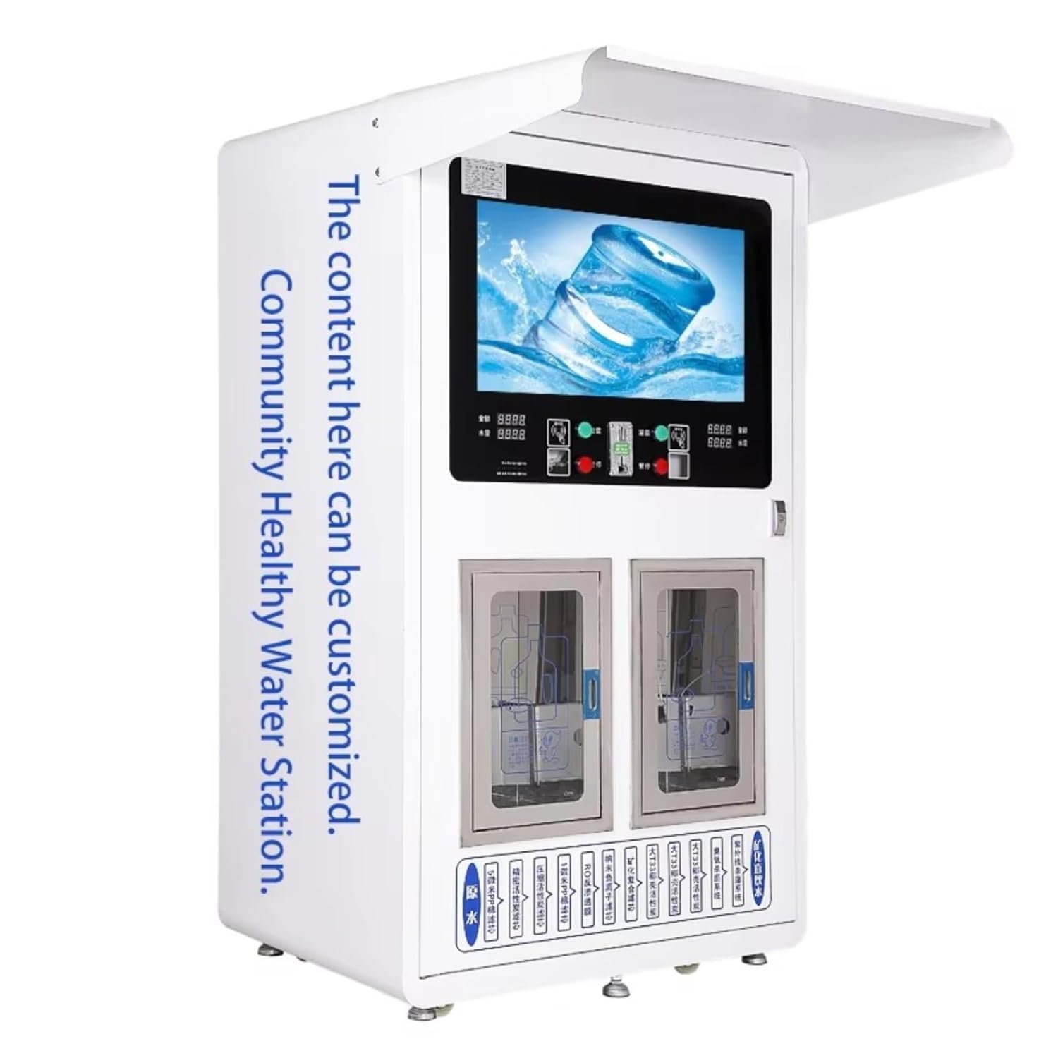 Máquina expendedora comercial de agua purificada, acepta pagos de monedas y móviles, cuenta con filtración profunda de 5 etapas y visualización TDS en tiempo real, por lo que es adecuada para
