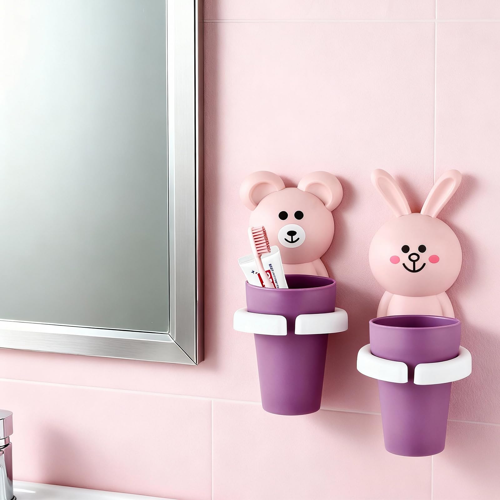 2 Stück Zahnbürstenhalter für Kinder, Zahnputzbecher Kinder ohne Bohren, Cartoon Zahnbecherhalter Wandmontierter, Niedliche Tier-geformte Zahnbürstenhalter Selbstklebend Wasserdicht (rosa)