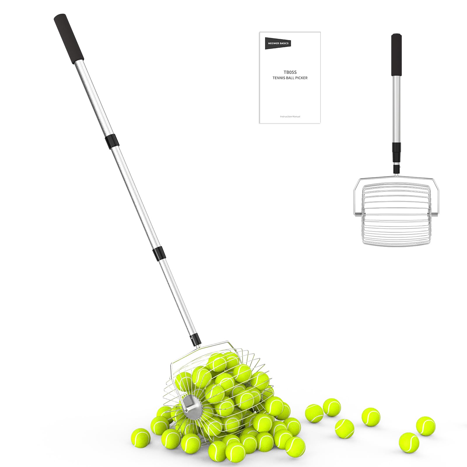 NEEWER BASICS Tennis Ball Picker Funnel, No More Bending, Fast Rolling Oval Collector, Pickleball Collecting Roll 80-144 cm Telescopic Golf Ball Roll Collector for up to 35 Tennis Balls, TB05S