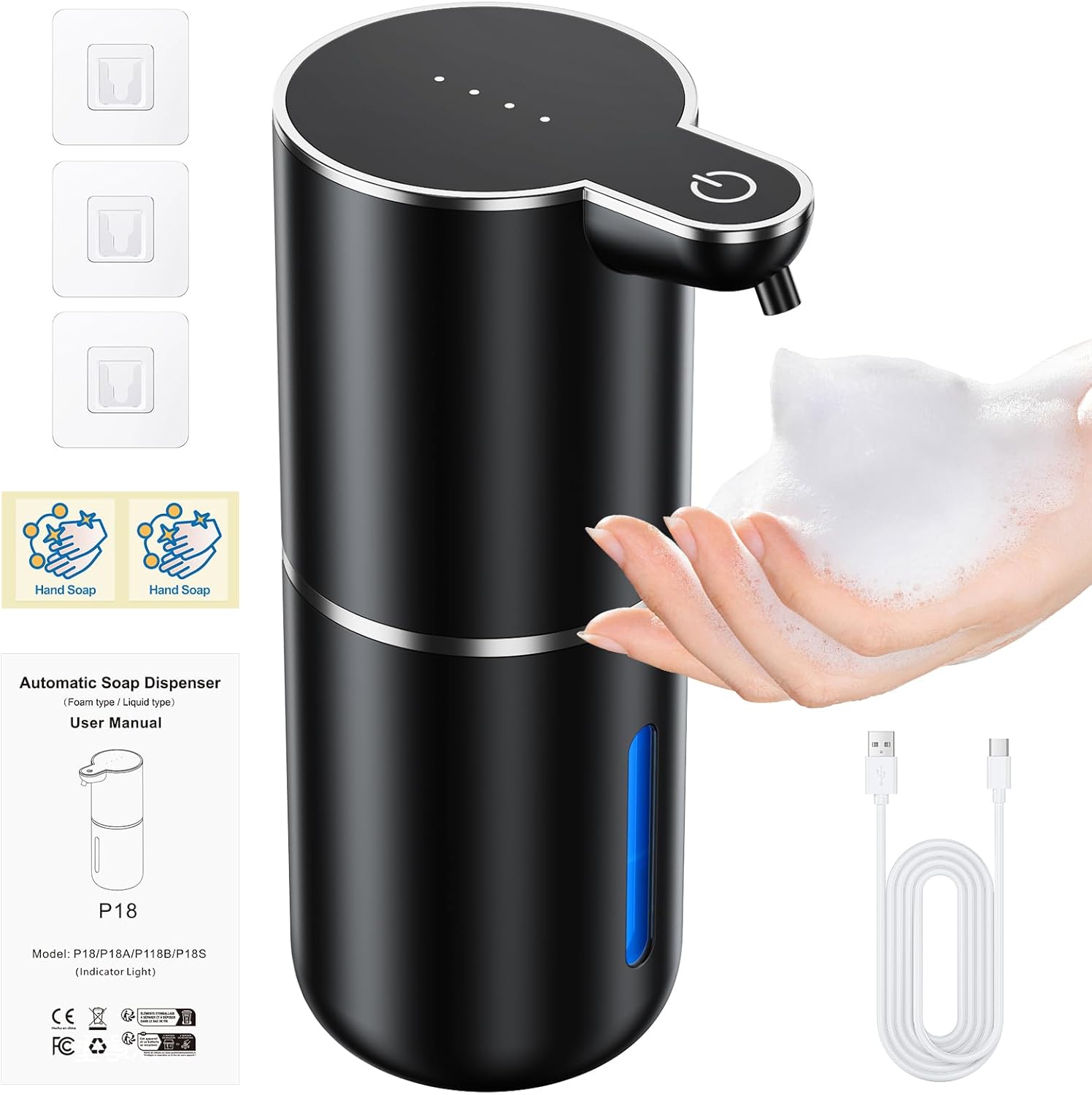 Fantictas Automatic Soap Dispenser Touchless Automatic Foam Soap Dispenser 380ML 4 Adjustable Levels 1200mAh Soap Dispensing Wall Mount for Kitchen and Bathroom,Black