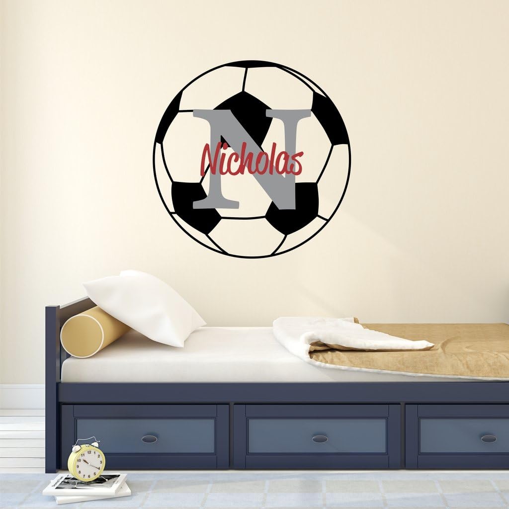 Nursery Wall Decals Soccer Name and Initial Personalized Name Wall Decal 28" by 28", Boys or Girls Nursery Sports Decals, Soccer Wall Decals, Sports Wall Stickers, Plus Free Hello Door Decal
