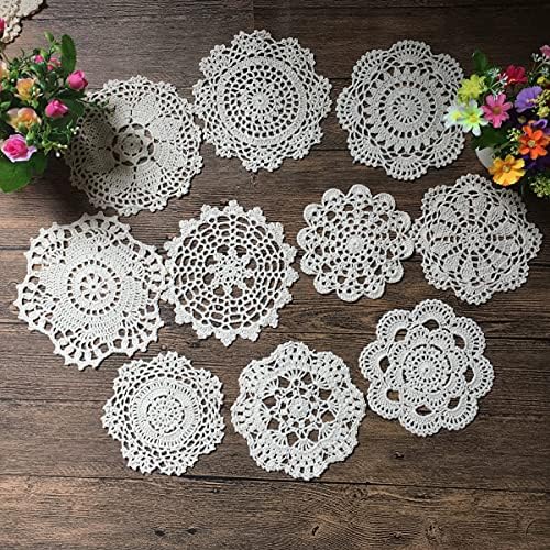 MINDPLUS Set of 10 Cotton Hand Crochet Doilies Lace White 6-7 Inches Round Crocheted Placemats Vintage Wedding Tea Party