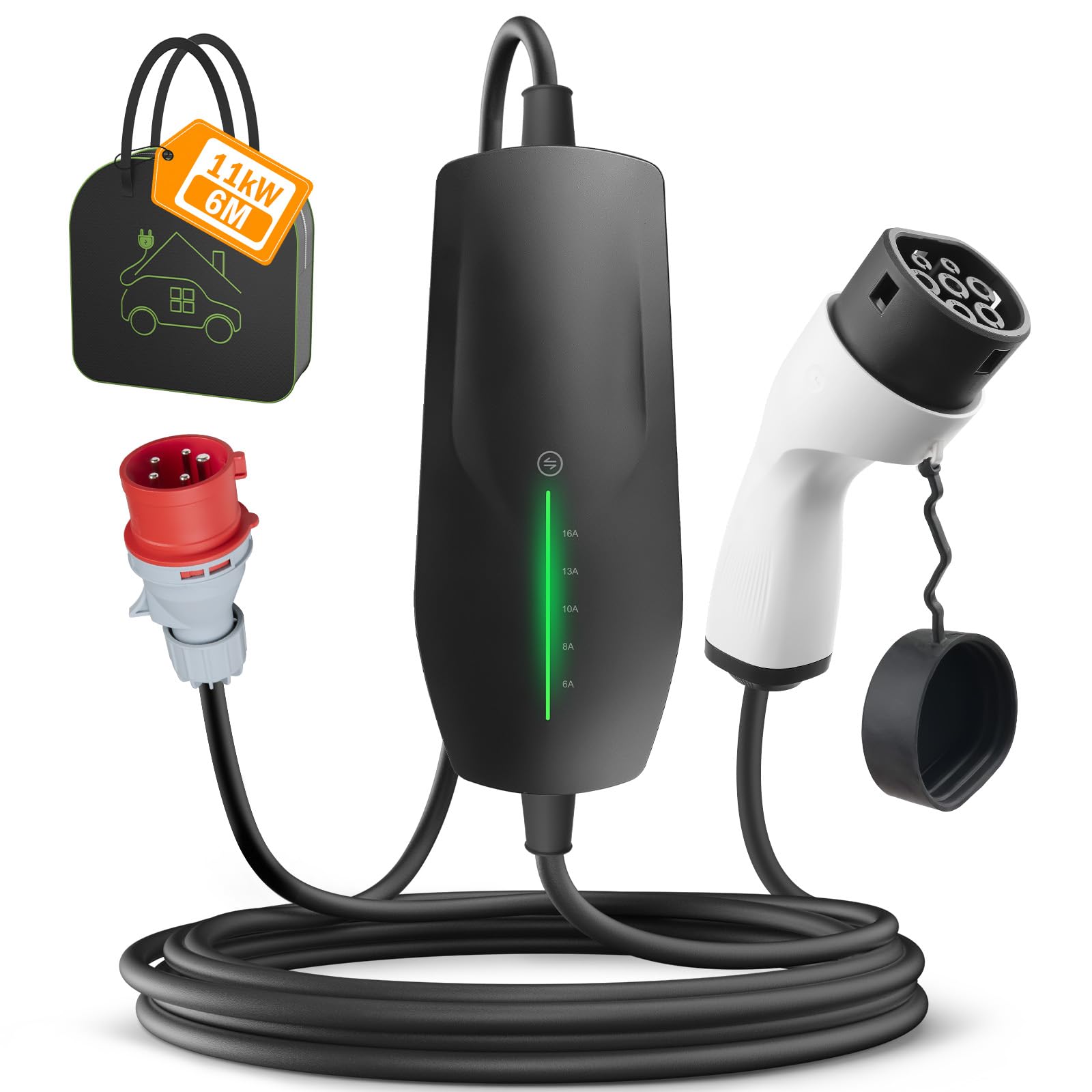 Typ 2 Mobile Wallbox 11KW mit 16A CEE Stecker, [ 3-phasig | 6A -16A | 6m Ladekabel ] der Tragbare EV Ladegerät, IP66 Wasserdicht Mobile Ladestation für EV PHEV Tragbare Taschen