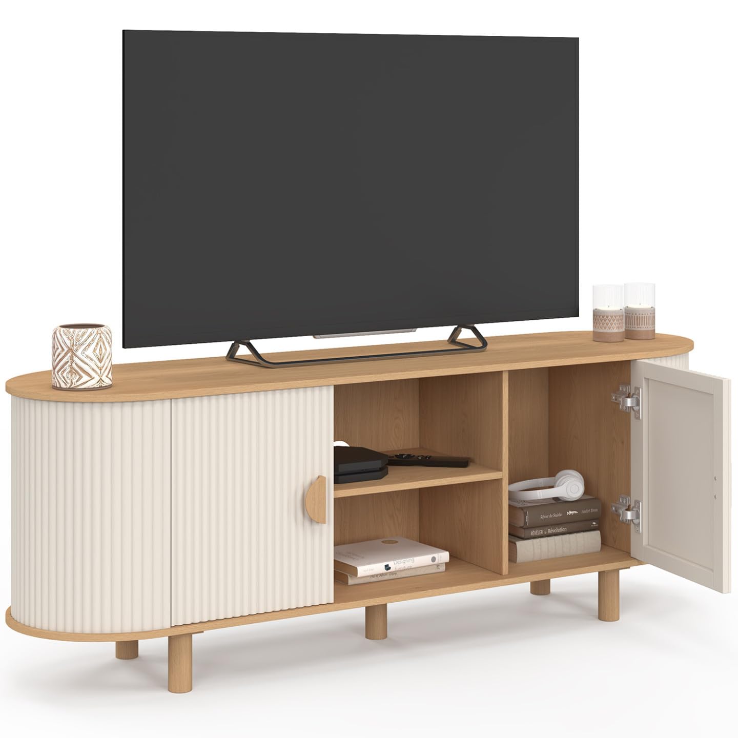 IDMarket - Meuble TV 140 cm KANEL 2 Portes Effet cannelé Beige et Bois