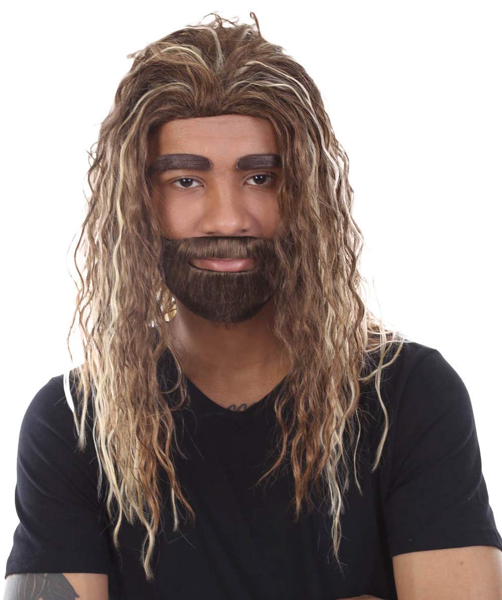 Men's TV Movie Wig with Mustache and Beard Set, Brown Premium Breathable Capless Cap HM-1248A