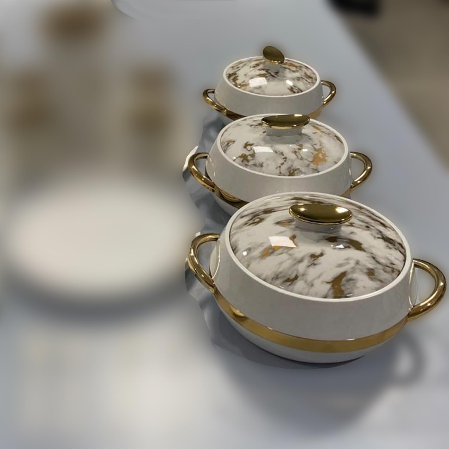 Kajal Küchen-Thermoschalen 3er-Set | Edelstahl Lebensmittelbehälter Wärmefunktion (1000 ml, 1500 ml, 2000 ml) | Isoliert, langlebig, stylisch, weiß-gold