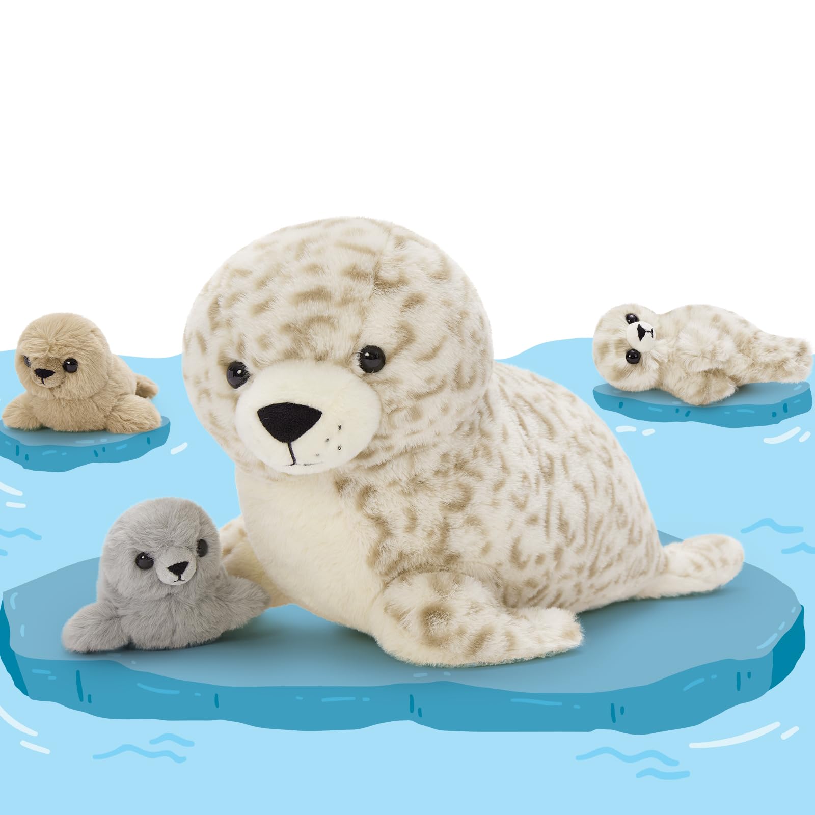 MorisMos Peluche Foca Grande, 50cm Mamá con 3 Bebés; Peluche de Foca Mullido y Suave; Regalo Gigante y Mullido para Niños, para Cumpleaños, Navidad