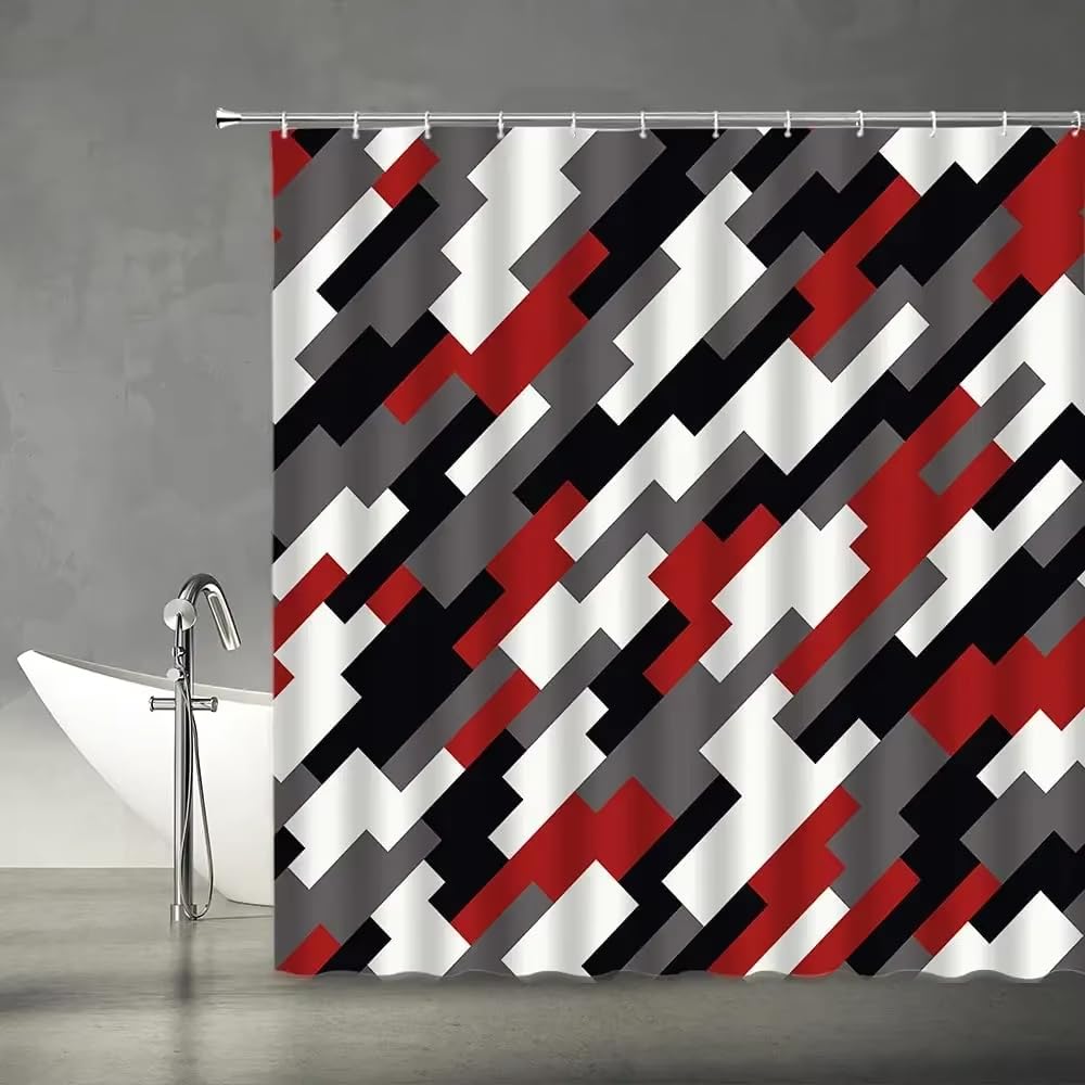 Cortina de Ducha 200x200 Geométrica Roja,Moderna,Abstracta,Sencilla con Ganchos,Lavable a Máquina y de Fácil Secado para Habitaciones Húmedas,Ducha y Baño,200Anx200Al cm (1 Panel).
