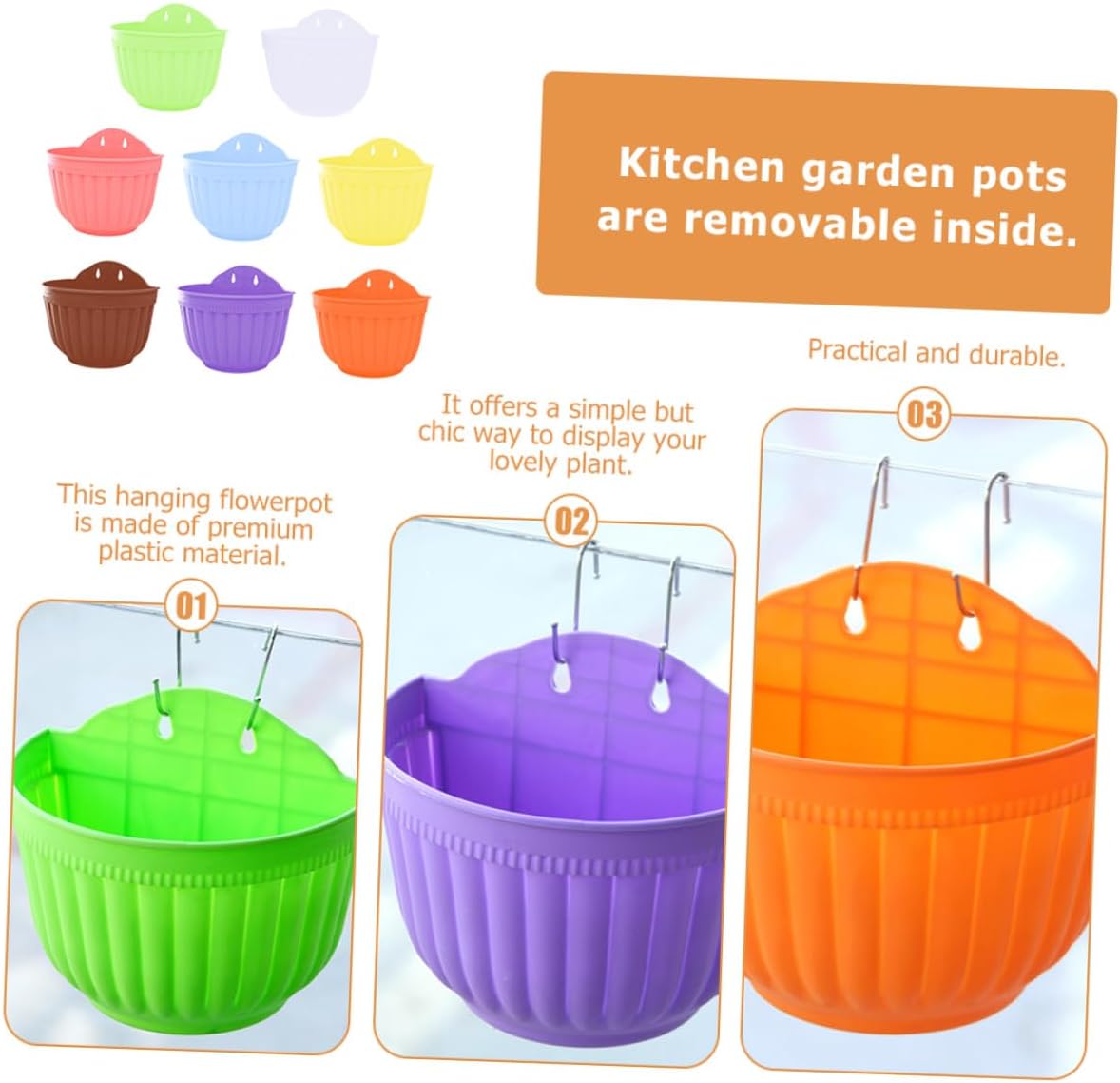Colorful Hanging Plant Pots Set of 8, Small Balcony Wall-Mounted Plastic Flower Planters 20.5cm Diameter X 14cm Height, Decorative Hanging Garden Pots for Outdoor Railings