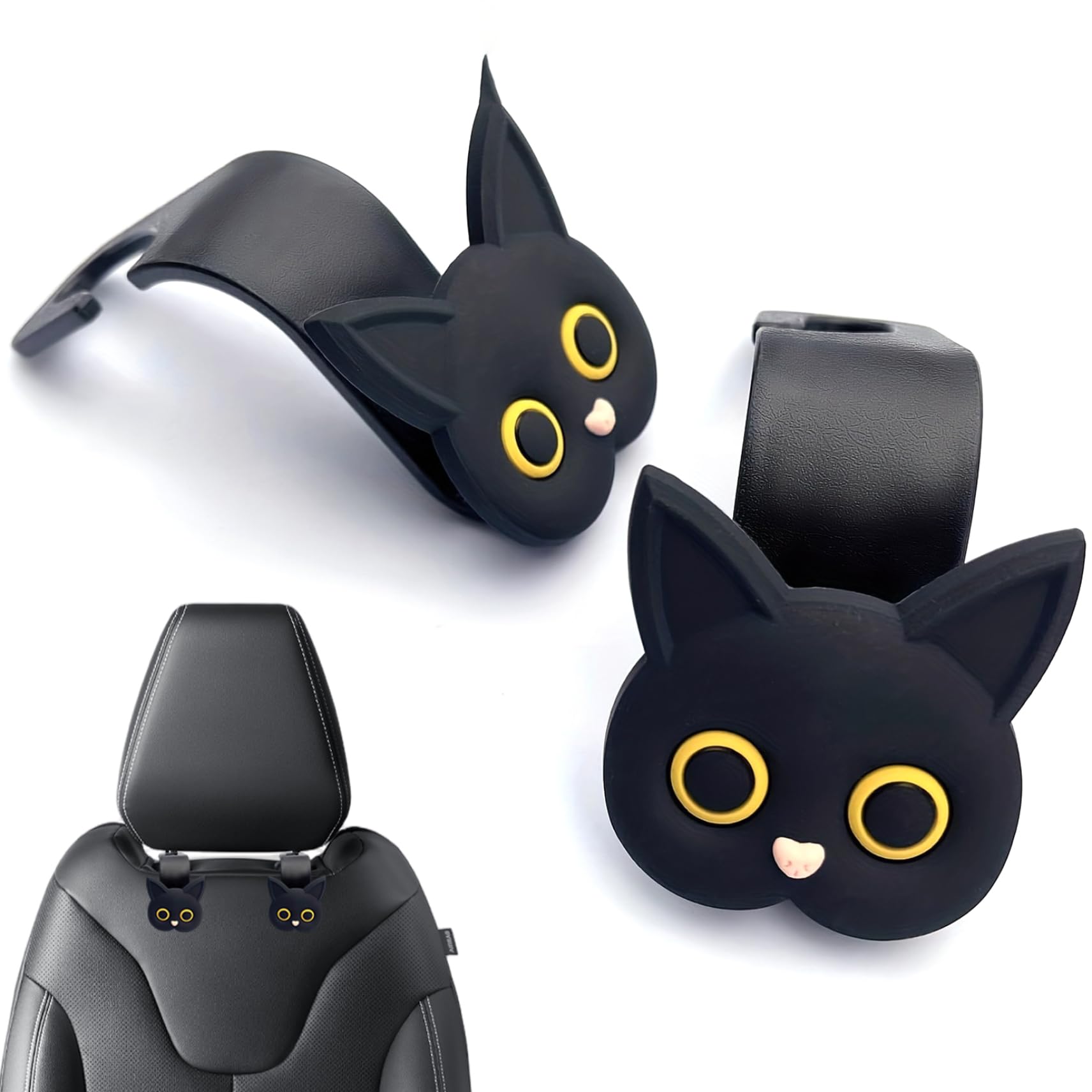 Hbbgdiy 2Pcs Car Headrest Hooks - Cute Cartoon Cat Car Seat Hooks for Headrest Decorative Hanging Black Vehicle Hanger for Purses, Bags, Groceries.