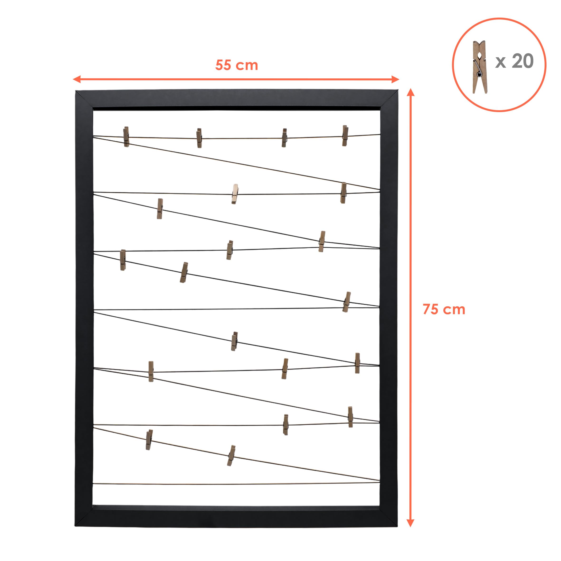 Spetebo - Portafoto con cornice in plastica, 75 x 55 cm, con fili in gomma e 20 mollette in legno Nero