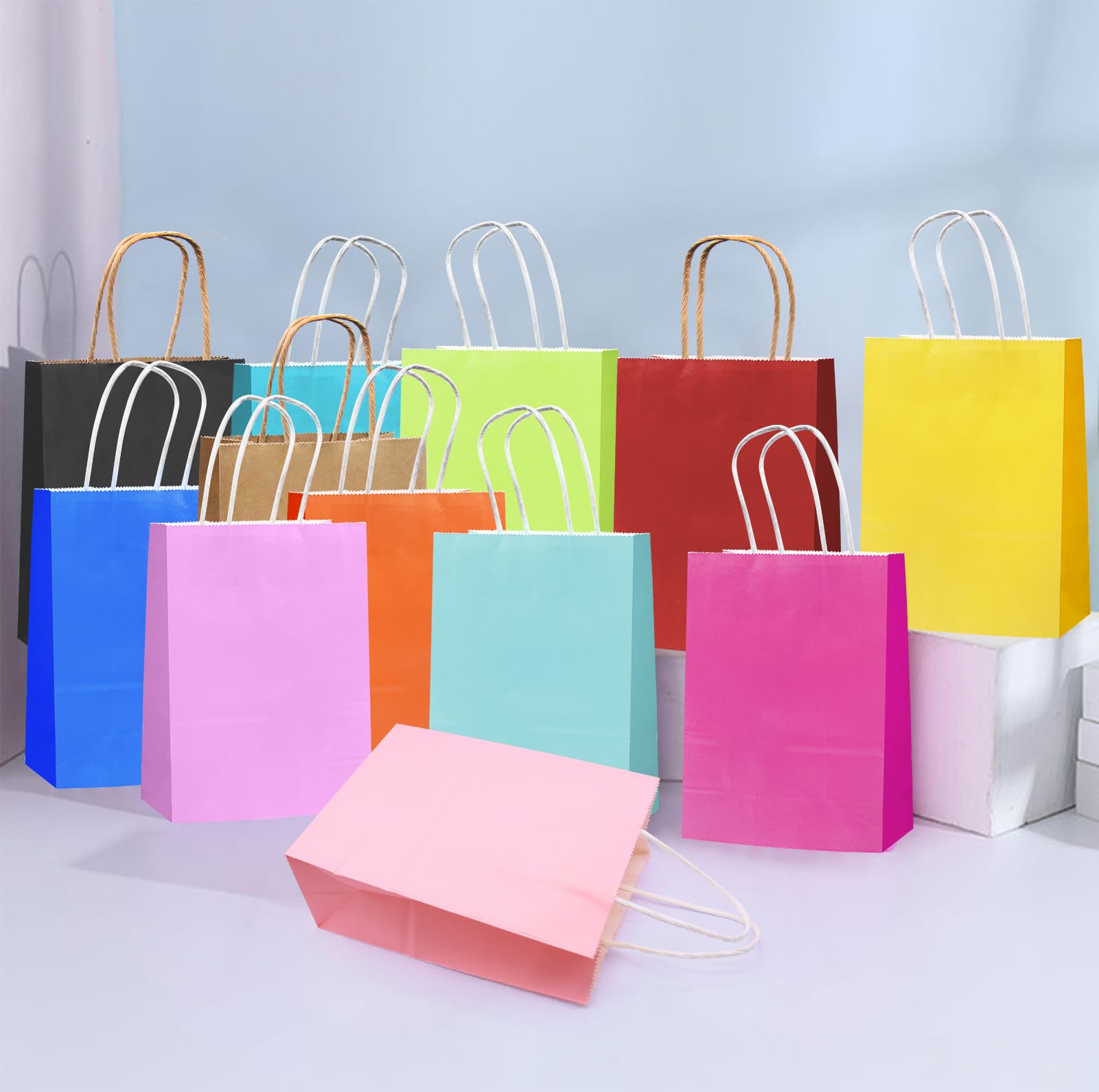 rokrist 15 Bolsas de Papel Kraft Coloridas con Asas, Pequeñas Bolsas de Regalo, para Fiestas Navideñas, Bodas, Cumpleaños, Celebraciones, Dulces, Manualidades (21x15x8cm)