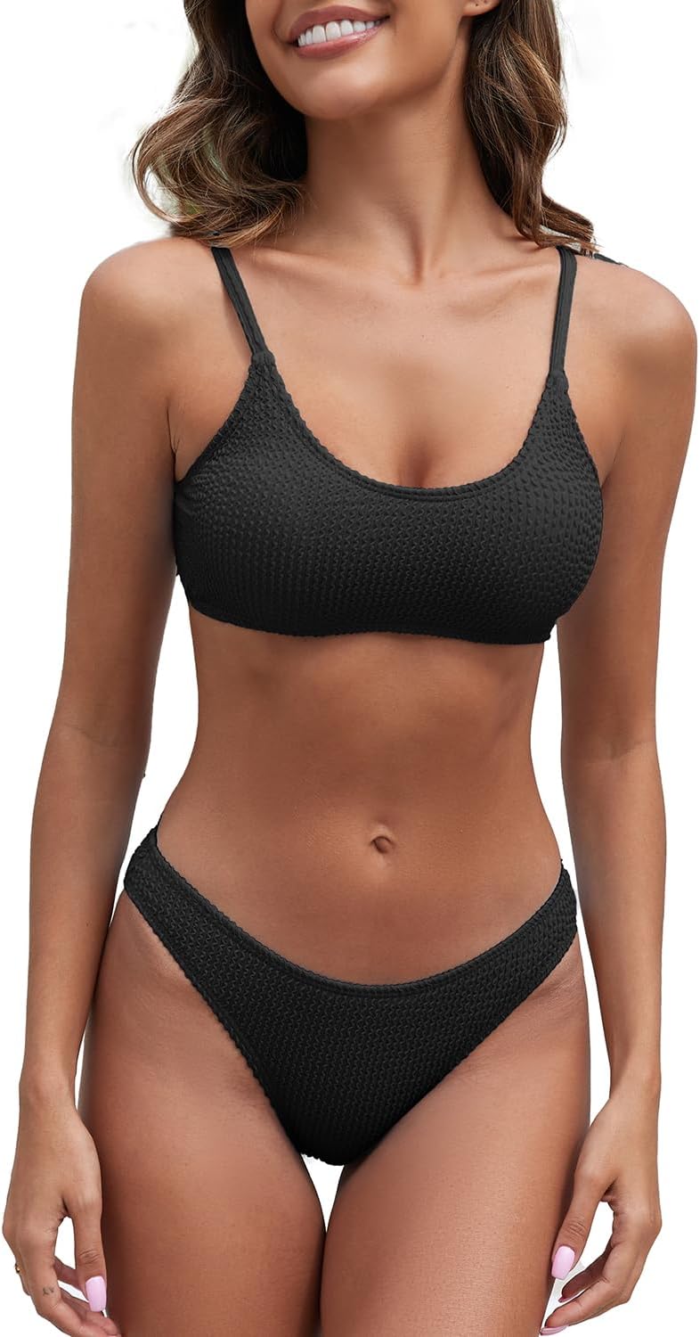 Fanuerg Women's Ribbed Bikini Sets Scoop Neck Cheeky Swimsuit Textured Two Pi...