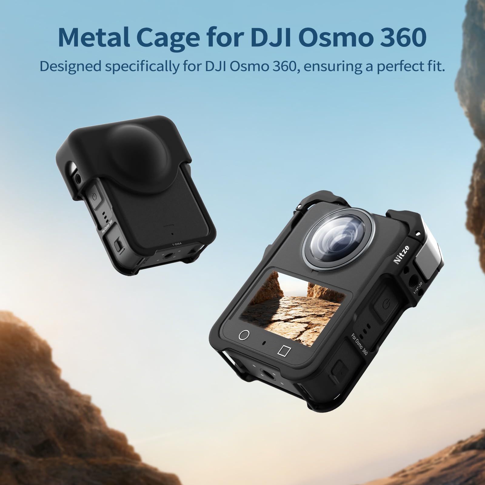 Nitze Kamerakäfig für DJI Osmo 360, Metall Osmo 360 Cage mit Integriertem Blitzschuh, Silikon-Objektivdeckel – T-D06B