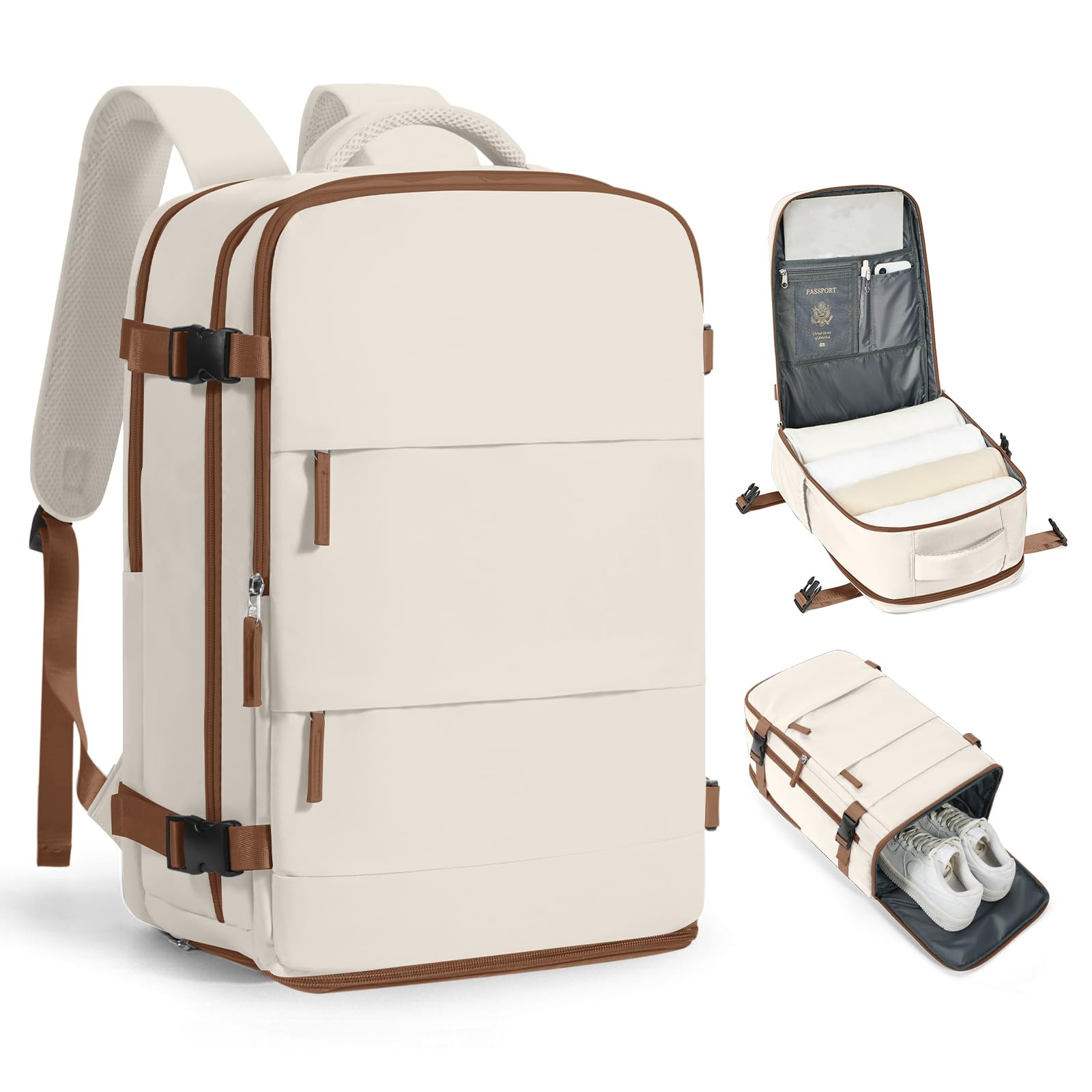 Travel Backpack Carry on Flight Approved Mochila De Viaje Personal Item Backpack for Airlines Frontier Airlines Personal Item Bag Large Backpack for Travel Backpacks for Men Women Beige with Brown