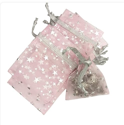 Linpeng Silver Drawstring Organza Jewelry Candy Pouch Christmas Wedding Party Favor Gift Bags, Appro.3X4, Pink With Silver Stars - 25 Pcs #TOP5