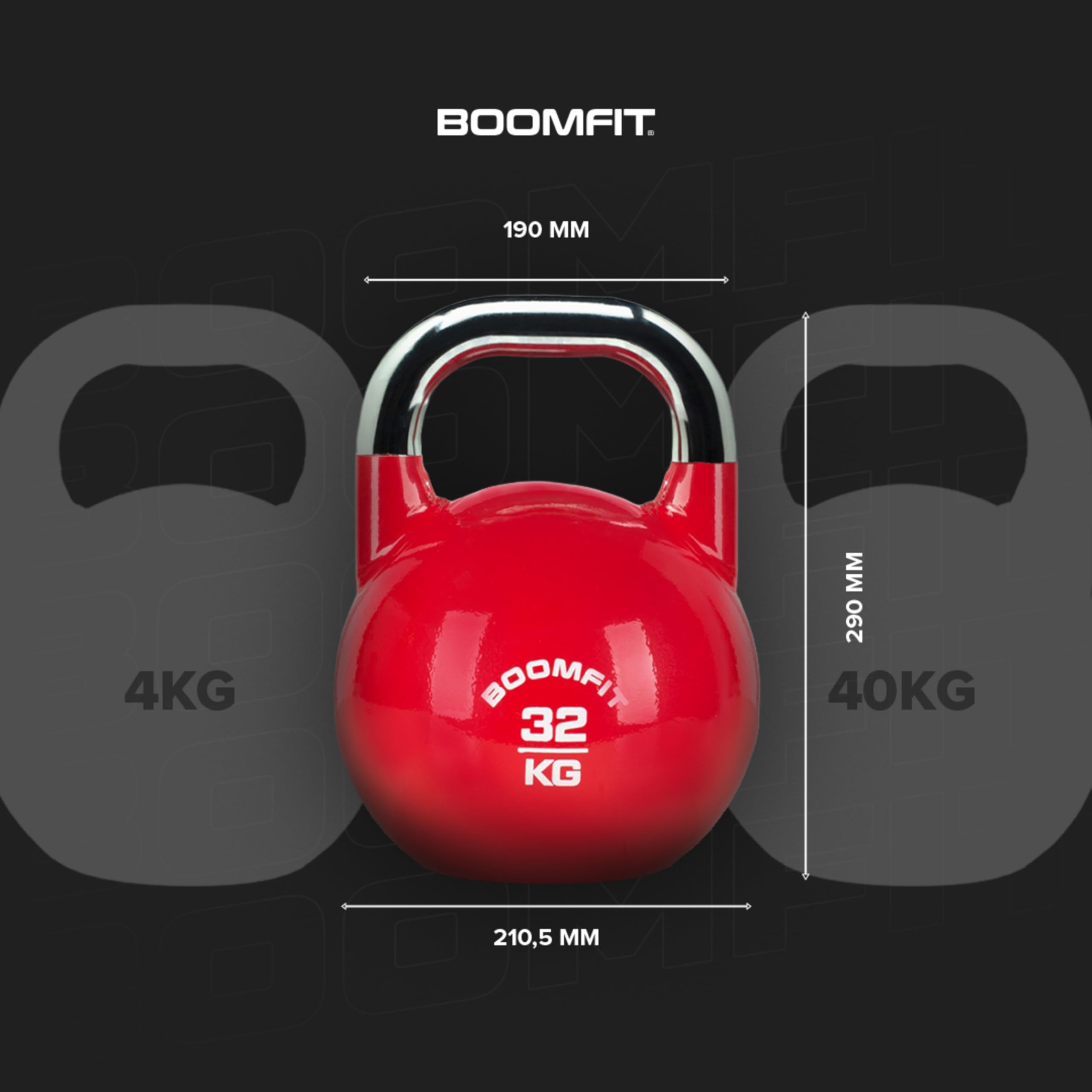 BOOMFIT Kettlebell de Competición 4–40 kg | Tamaño único para técnica constante | Asa cómoda y base plana estable | Para CrossFit, fuerza funcional, home gym y box | Pesas rusas por color