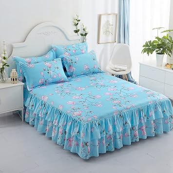 Flower Sky Blue Two Layers Ruffle Bed Skirt Bedspread Sheet and Pillowcases Set, Full