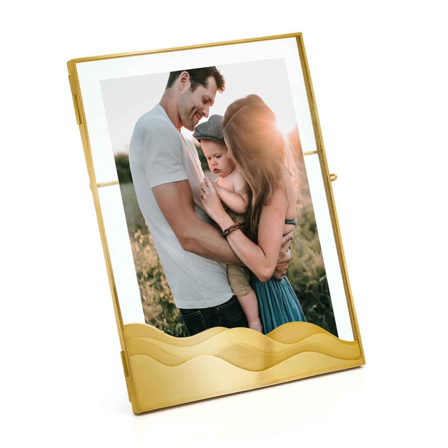 Photo 1 of Gold Photo Frame, Brass and Clear Glass, Brass Wave Design, Table-top Picture Frame with Brass Stand, Vertical or Portrait Frame Only (5"x7") 5X7 inch (Vertical Only)