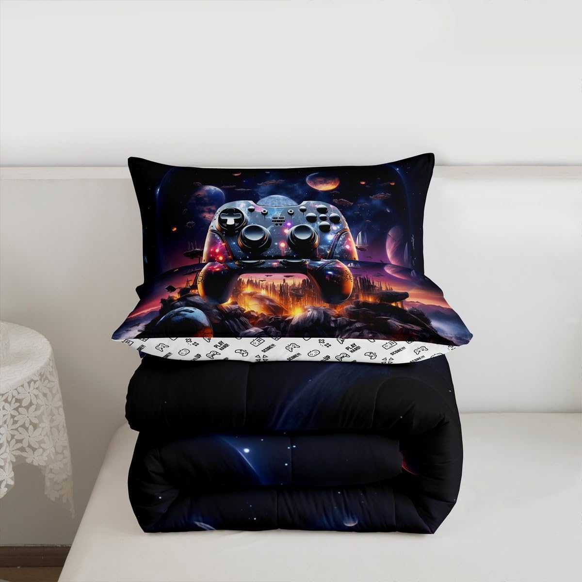 Manfei Boys Gaming Queen Size Comforter Set 3 Pcs,Video Games Gamepad Starry Galaxy Planets Spaceships Bedding Set,Neon Mystic Universe Glitter Ultra Soft Microfiber Inner Fill Quilt Set,Breathable