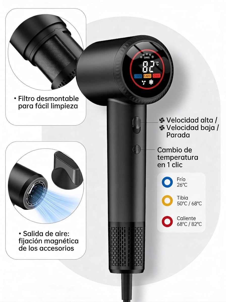 Secador de pelo iónico profesional Verloria, 110.000 RPM, motor sin escobillas de alto rendimiento para un secado ultrarrápido, tecnología de iones 500M, funcionamiento silencioso, con difusor magnéti