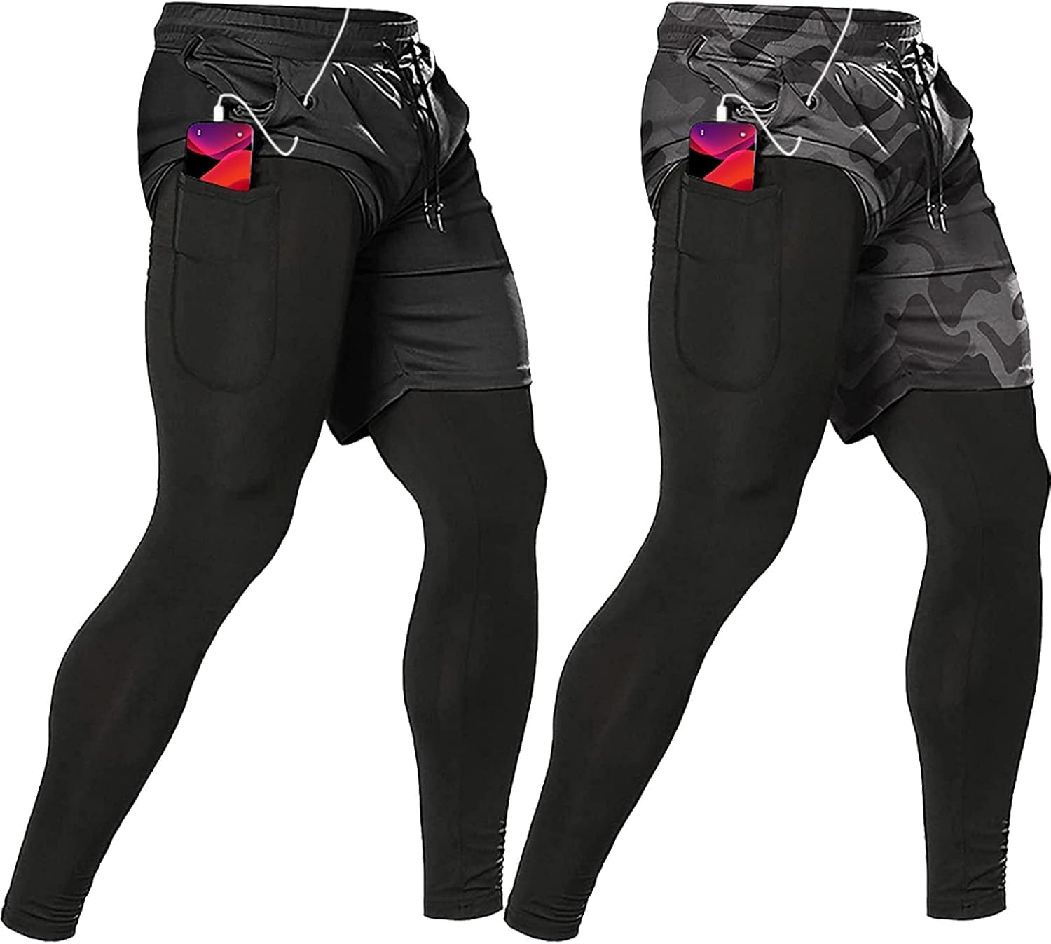 ATTBEA Mens 2 in 1 Athletic Running Pants Quick Dry Gym Workout Shorts for Men Compression Pants with Pockets Black/Camouflage