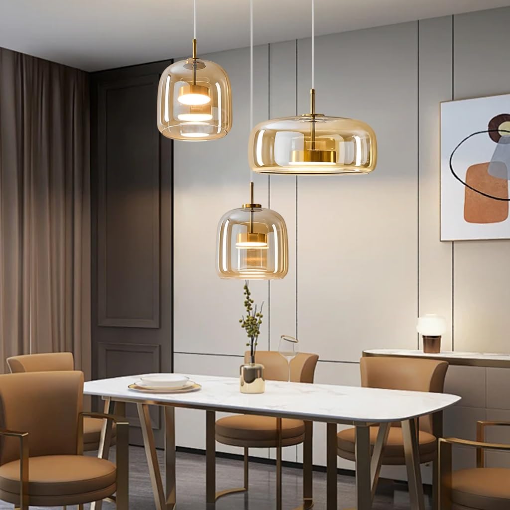 Pendelleuchte Esstisch Hängelampe Glas 3 Flammig Hängeleuchte Vintage Bernstein Esstischlampe Retro E27 Pendellampe Höhenverstellbar Für Esszimmer Wohnzimmer Küche Restaurant(Amber,3 lights-A)