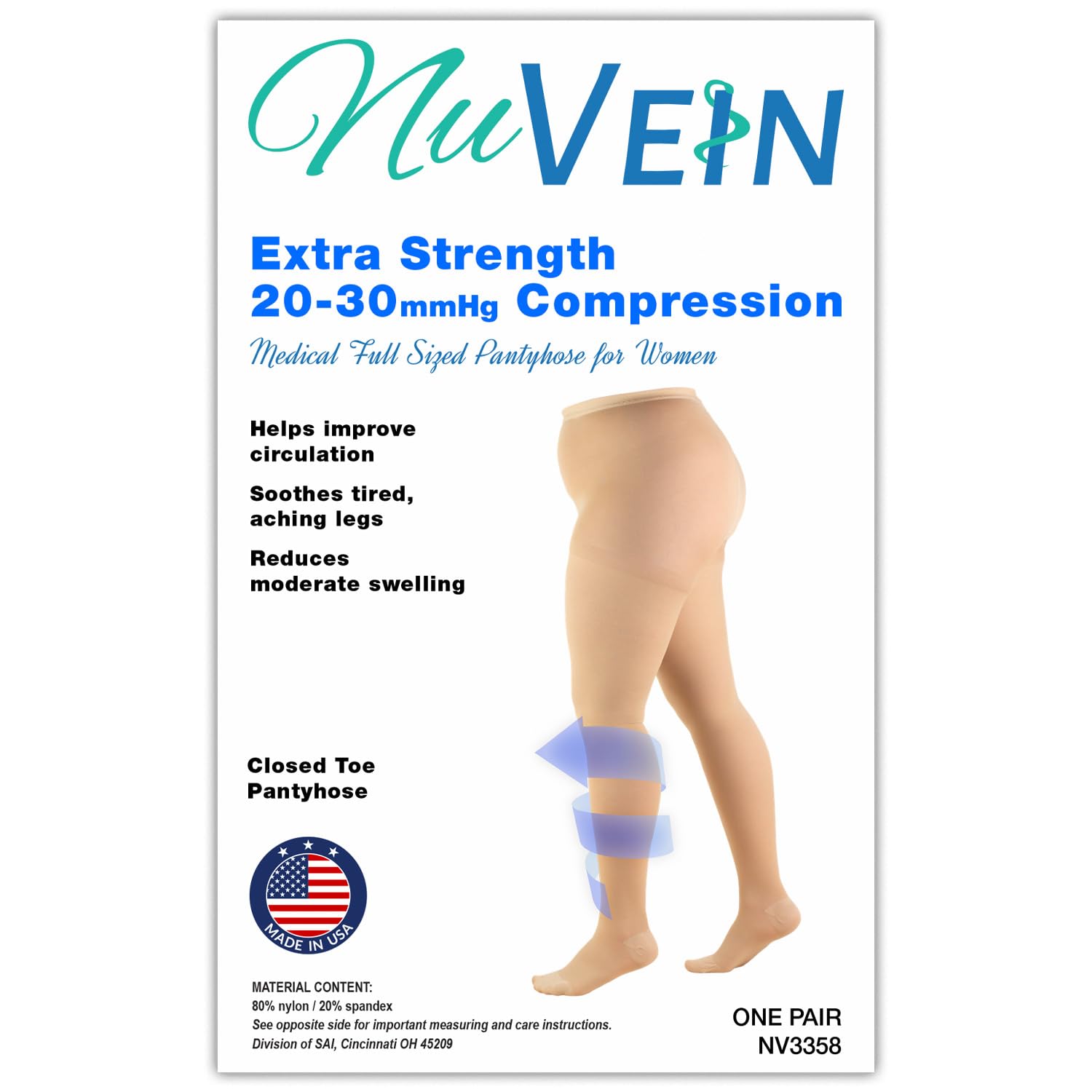 NuVein Medical Compression Plus Size Full Figure Pantyhose, 20-30 mmHg Support, Opaque, Beige, Petite