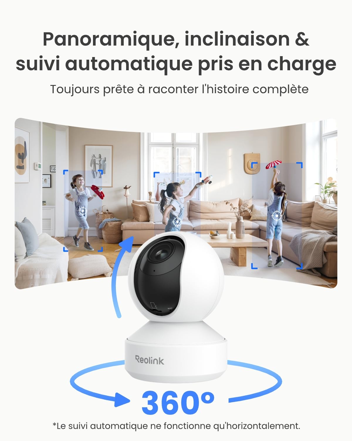 Reolink 4K 360° Caméra Surveillance WiFi Intérieure, Wi-FI 6 Bi-Bande Caméra Bébé, Détection de Personne/Animaux/Pleurs, Zoom Optique 3X, Suivi Auto, Vision Nocturne, E1 Zoom