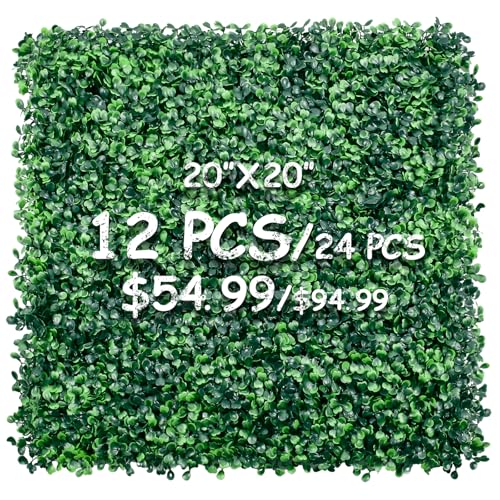 Decwin Heavy Duty Boxwood Panel 12 Pack 20'x20' - Artificial Grass Wall Panel, Dense Privacy Hedge with Zip Ties, UV Protected Faux Greenery Backdrop for Garden Fence Outdoor Decor (33 Sq Ft)
