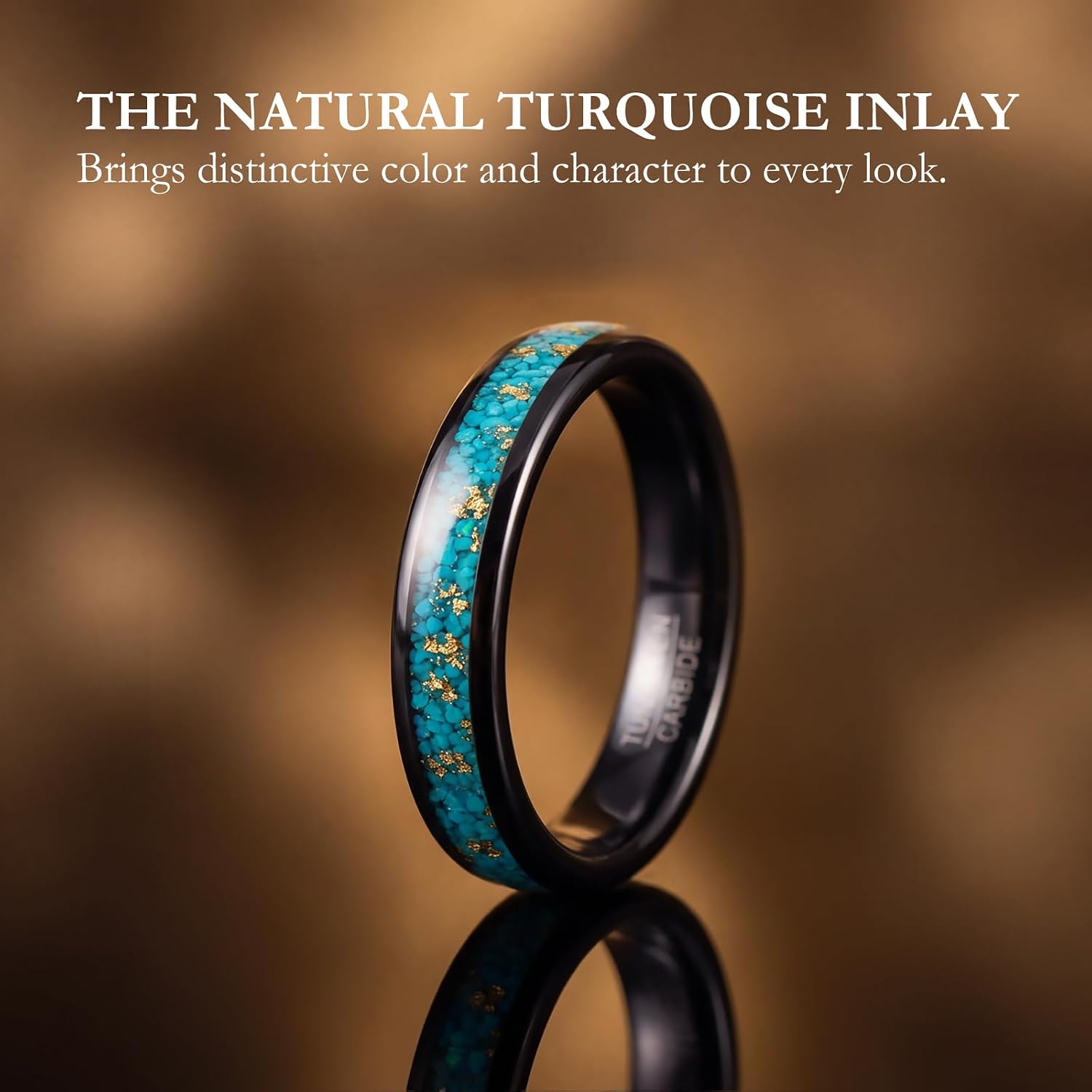 Vakki 4mm Tungsten Wedding Bands for Women Turquoise & Gold Foil Inlay