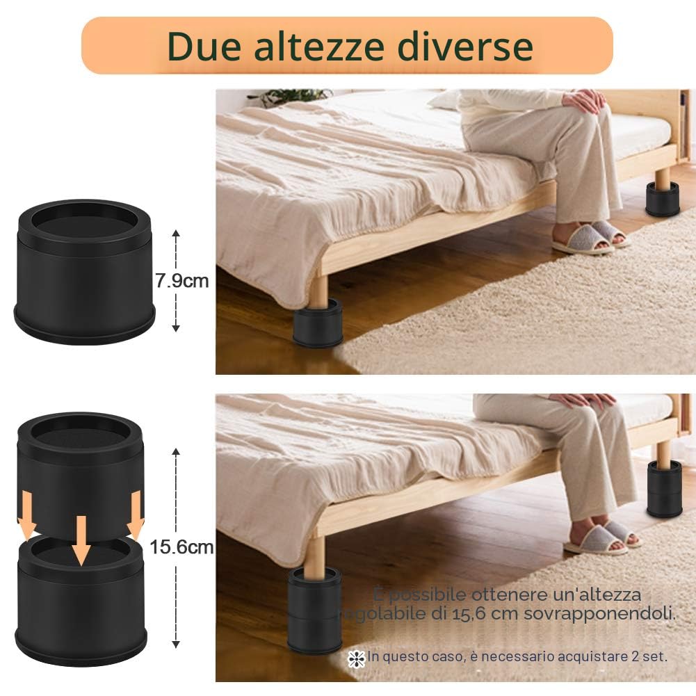 Uping Rialzo Letto Alzar Letto Rialzi per Mobili Tavolo, Aggiungere 7,9 CM o 15,6 CM in Altezza (4 Pezzi, Nero)