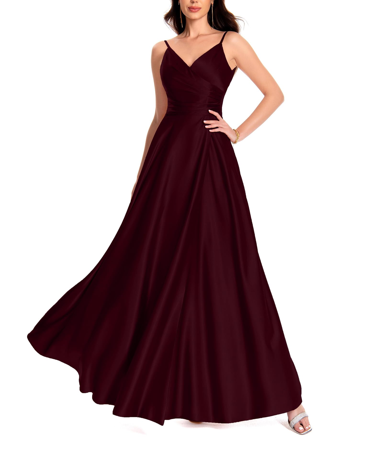xxxiticat Damen V-Ausschnitt Spaghettiträger Satin Brautjungfernkleider Formeller A-Linie Abschlussball Abendkleider mit Schlitz