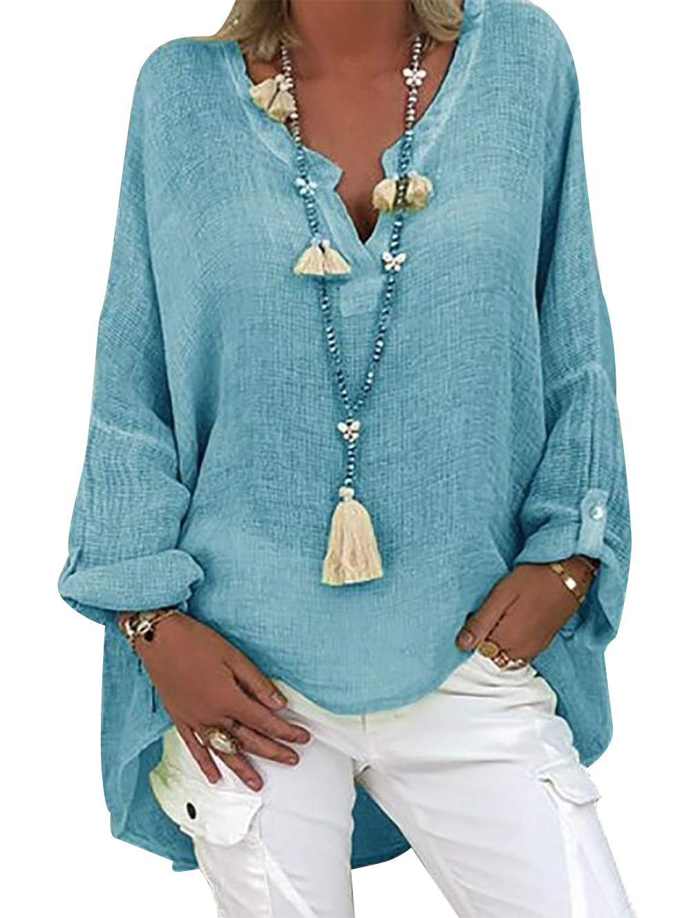 Chemise Lin Femme Grande Taille- Tunique Femme Col En V-Blouse