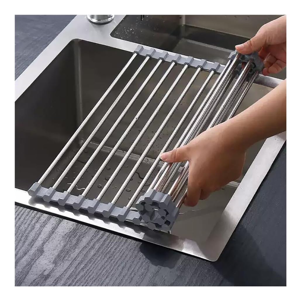Kompaktes Geschirr-Abtropfgestell, Aufrollbarer Geschirrtrockner aus Edelstahl, Schwarzgrau, 14,6-18,5 Zoll(Grey,47x35cm/18.5x13.8in)