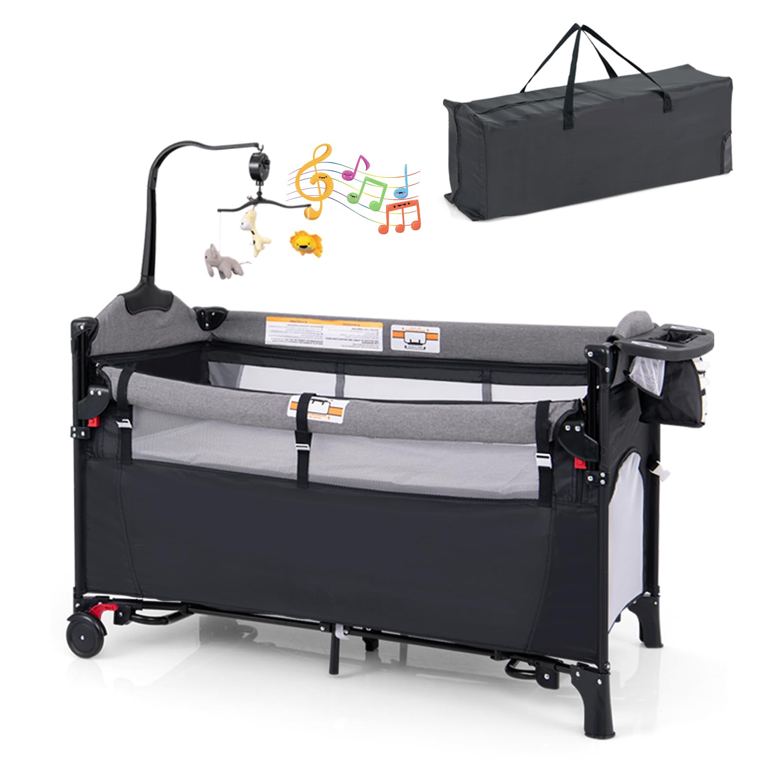 DREAMADE 5 en 1 Lit Parapluie Bébé 125x65x78CM avec Matelas,Lit Cododo Tout-Petites 0-3 Ans avec Hauteur Réglable,Boîte à Musique,Roues avec Freins,Table à Langer,Porte-Couches,Jouets (Nouveau, Noir)