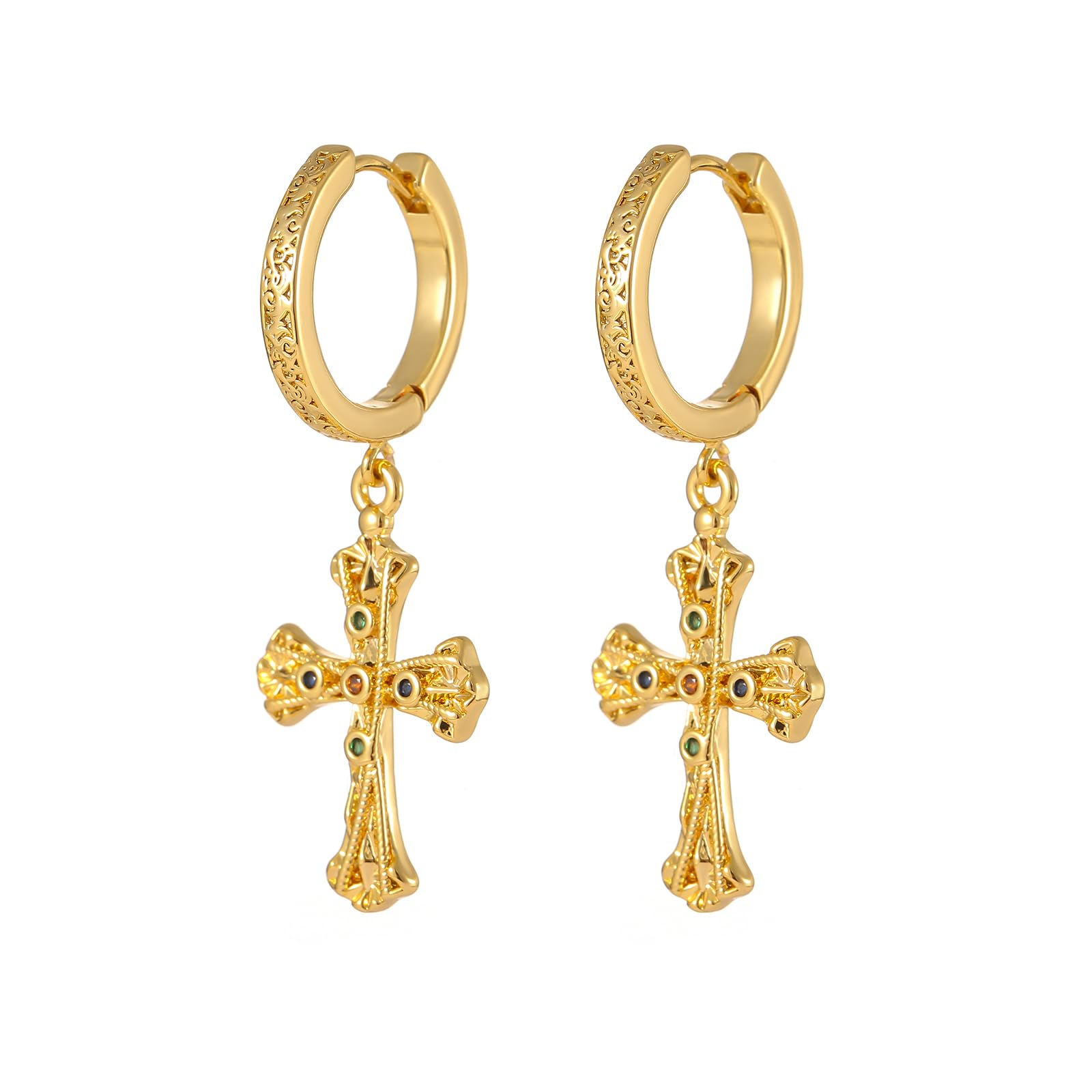 SHANG JIURUI Cross Hoop Dangle Earrings 18K Gold-tone Plated Faux Cubic Zirconia Earrings Lightweight Cross Dangle Drop Earrings for Men Women