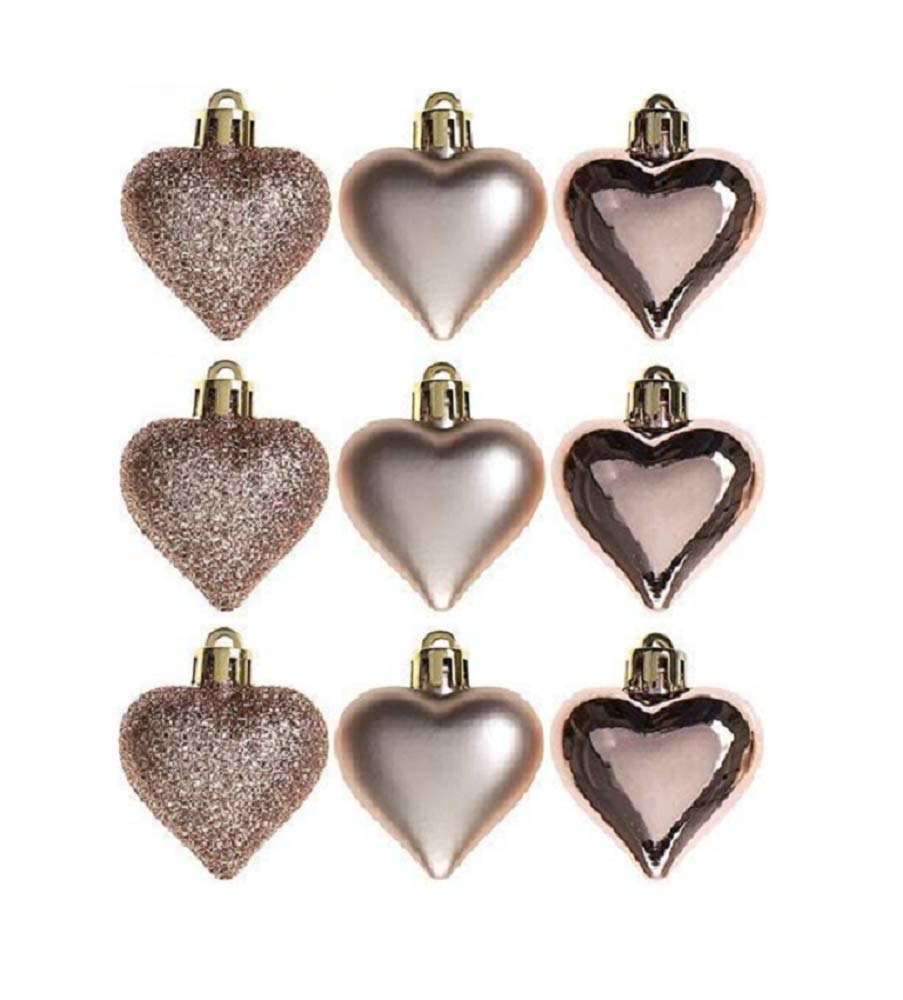 Toyland Pack Of 9-5cm Rose Gold Heart Baubles - Shiny Matte & Glitter Design - Christmas Tree Trims