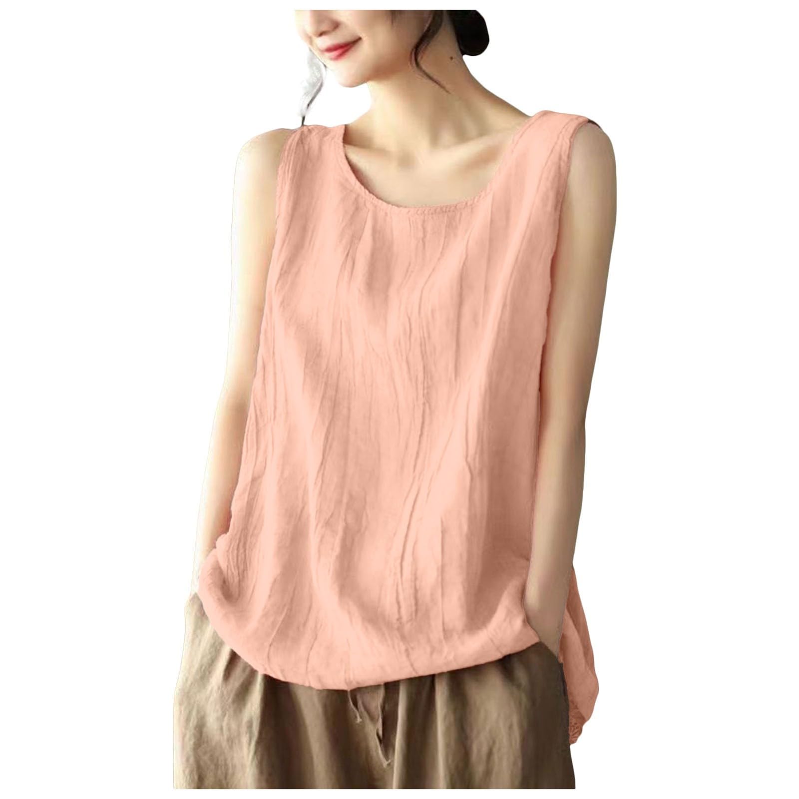 [lisusut] レディース ブラウス 半袖 タンクトップ レディース 夏 おしゃれ リネン コットン 爽やか ノースリーブ キャミソール 薄手 リネンシャツ 春夏 上着 大きいサイズ ゆったり 無地 体型カバー 綿麻 レトロ風 トップス 袖なし カジュアル