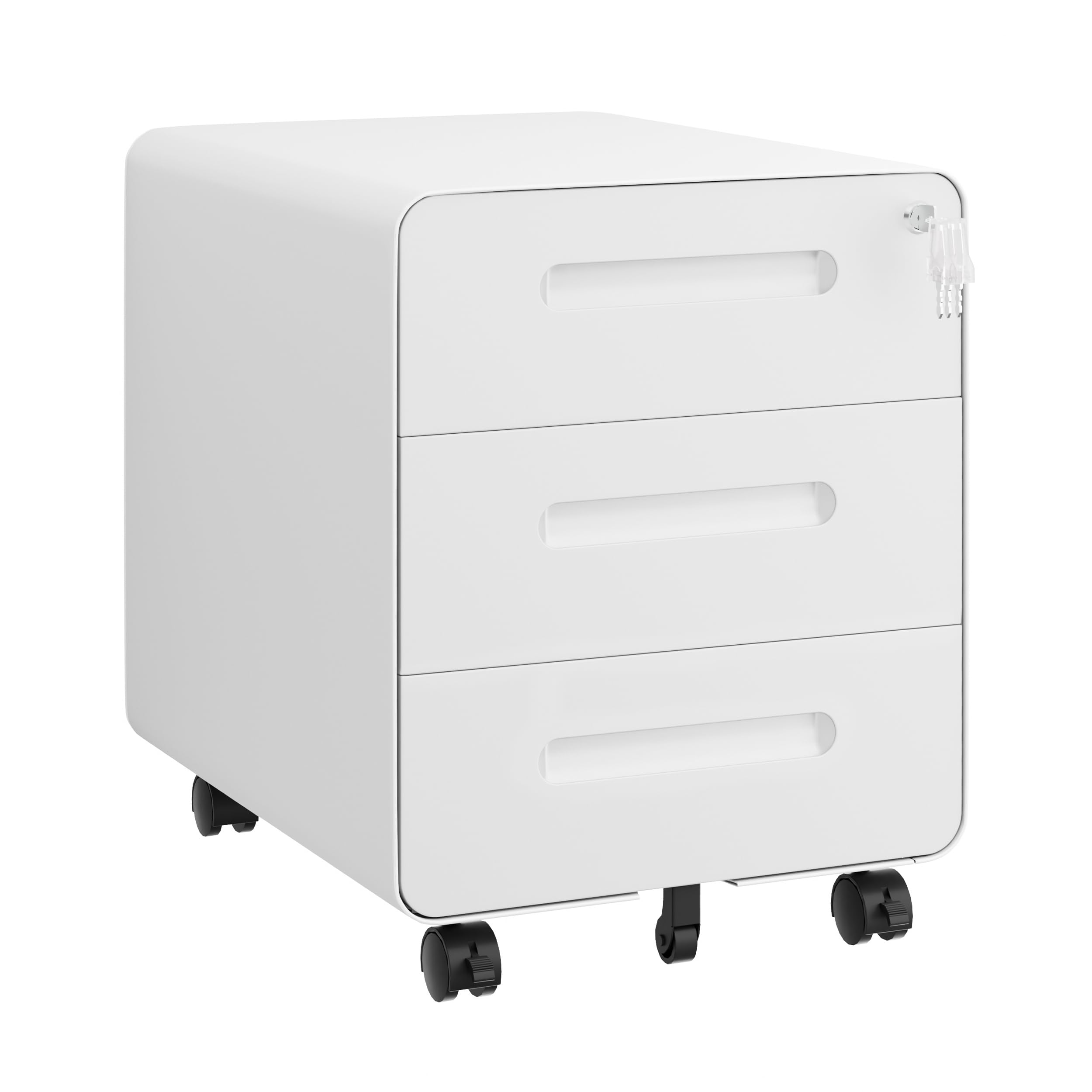 Cassettiera per Ufficio con 3 Cassetti, Design con Angoli Arrotondati, Schedario da Ufficio Bloccabile, Completamente Assemblata, Bianco