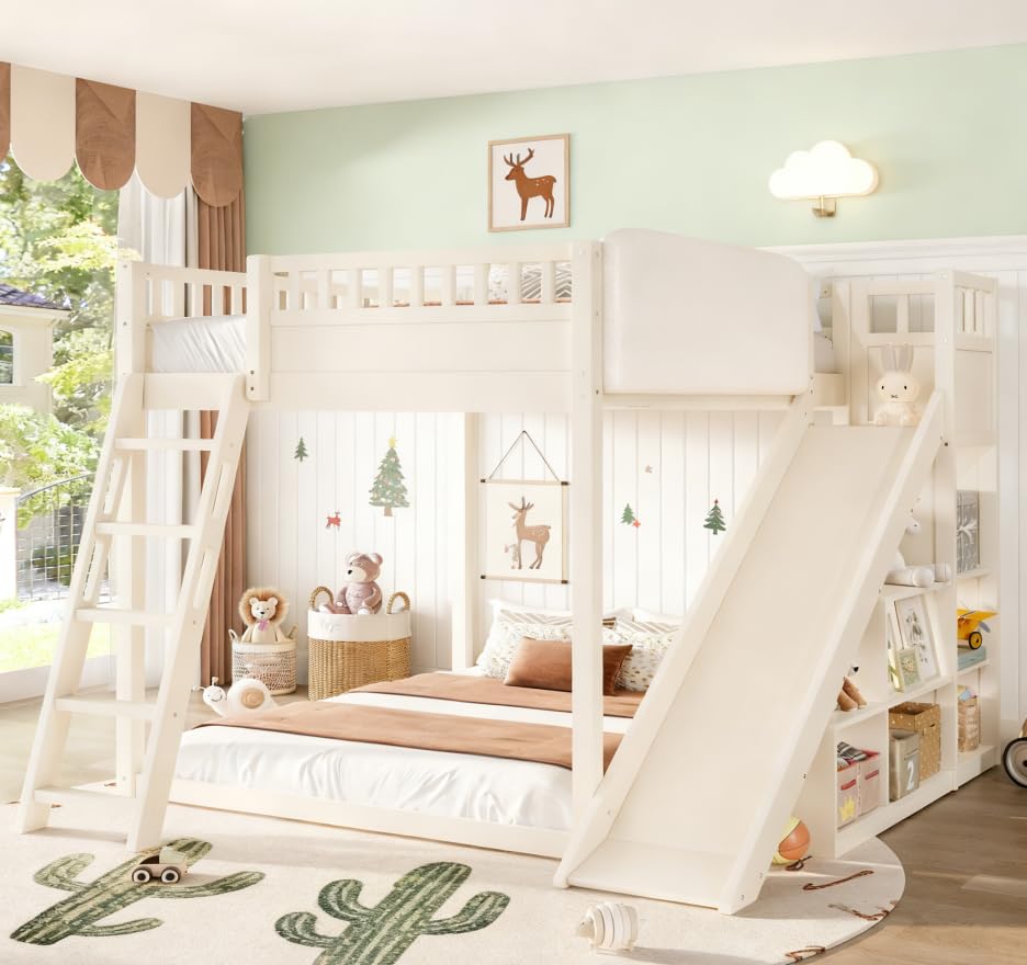 Image of Bellemave Bunk beds Full Over Full with Slide and Stair and headboard, Low bunk /loft Bed for Kids,Beige
