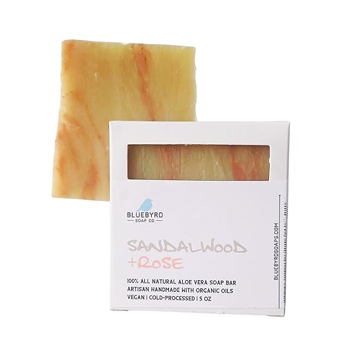 Bluebyrd Soap Co. Barra de jabón orgánica Sandalwood Rose  Jabón natural vegano, hecho a mano, para el baño, el cuerpo y la cara para mujeres,